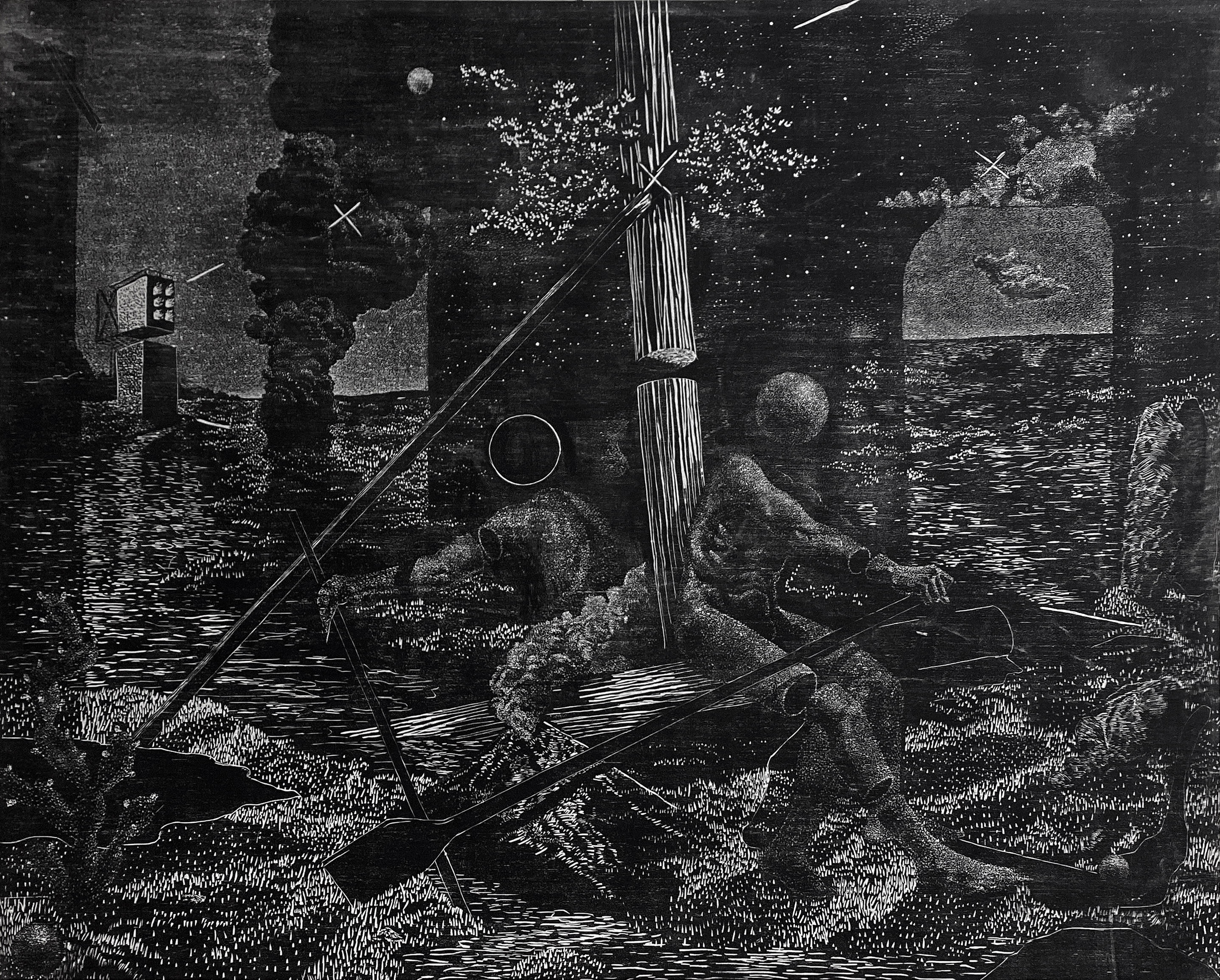 Rowers II 48x60 in. Woodcut Matrix. 2019