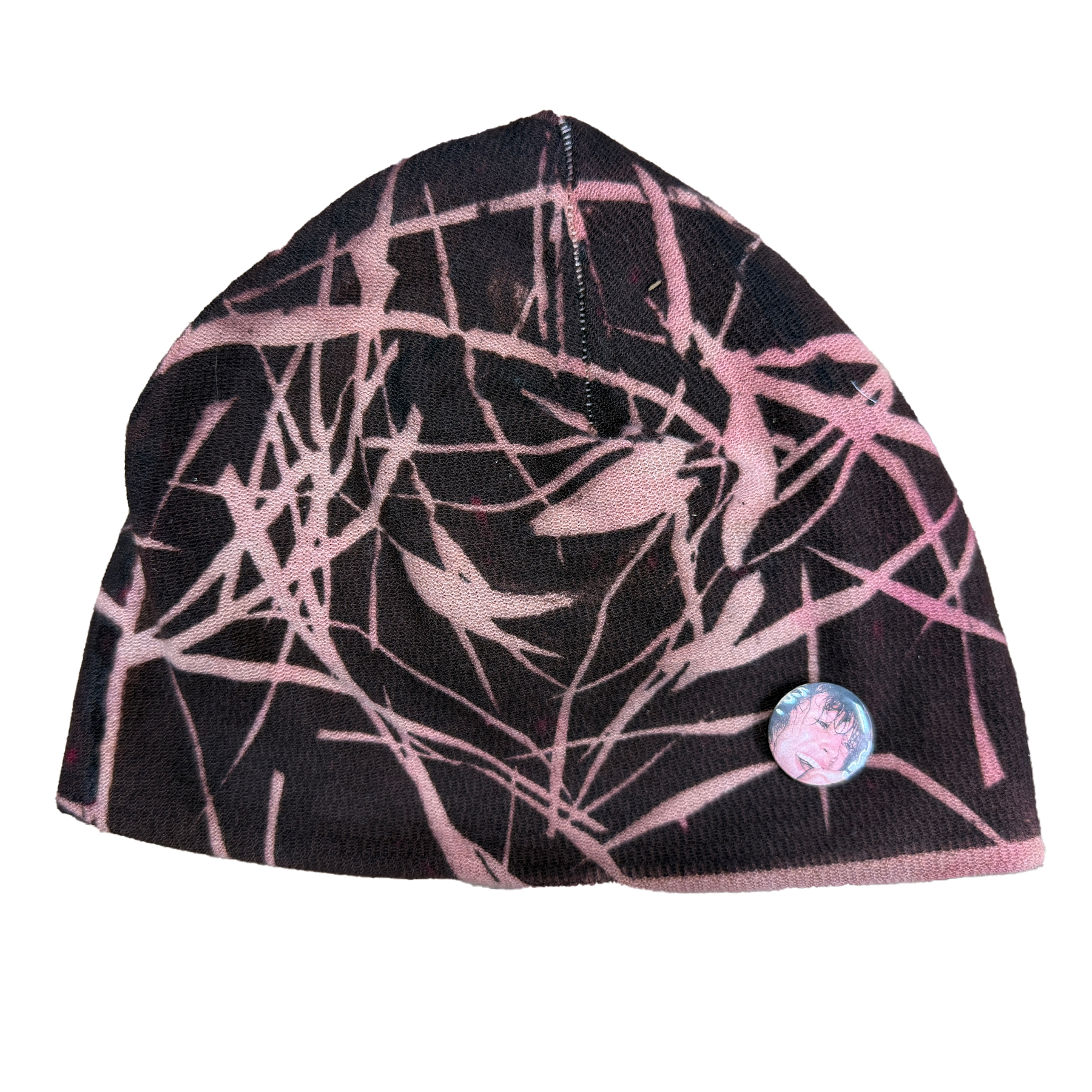 cut & sew beanie made from surplus vintage long john thermal, screen printed with dye on both sides, fitted with custom button