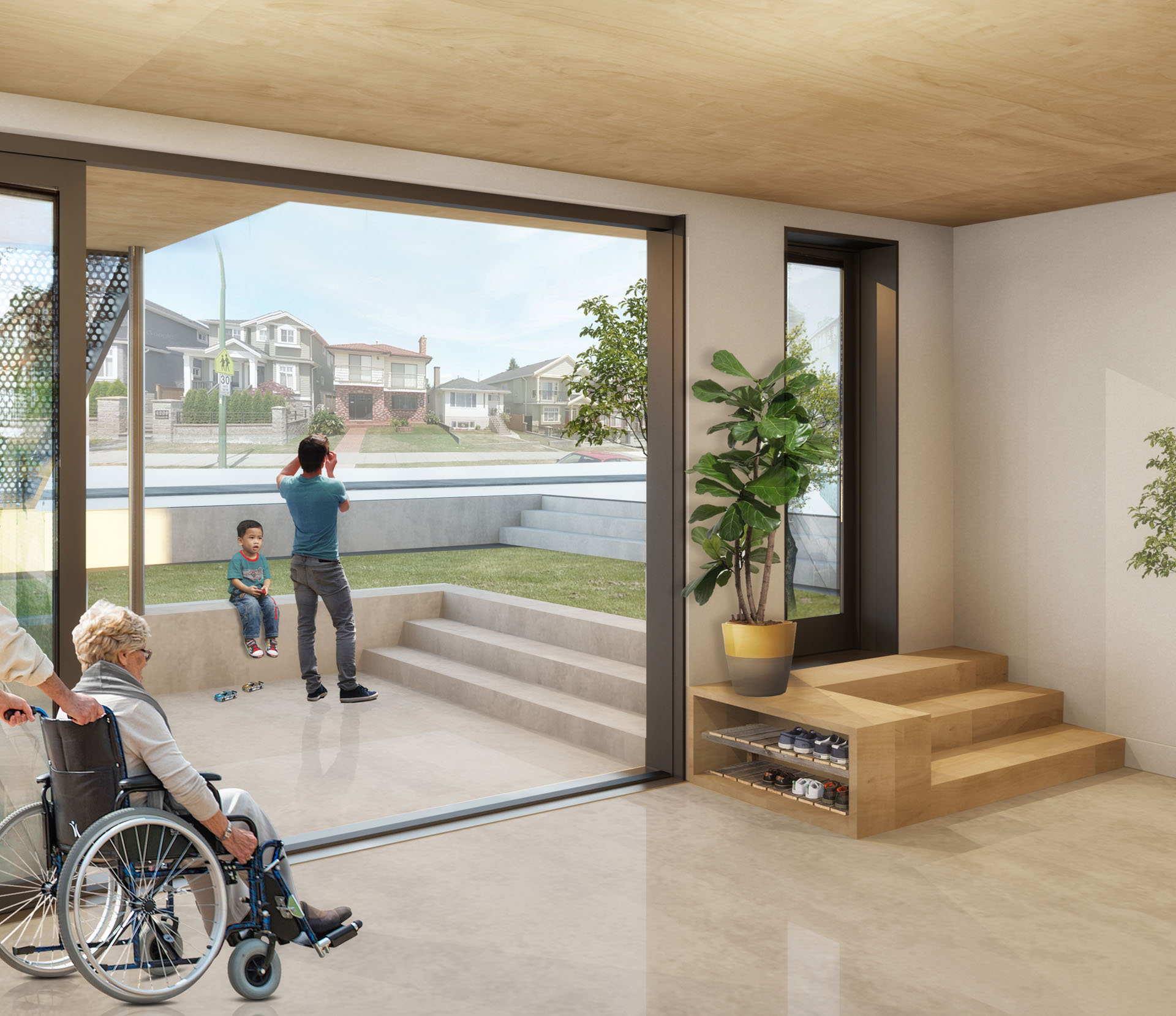 3D drawing of the Garden Level unit from the interior looking to the street