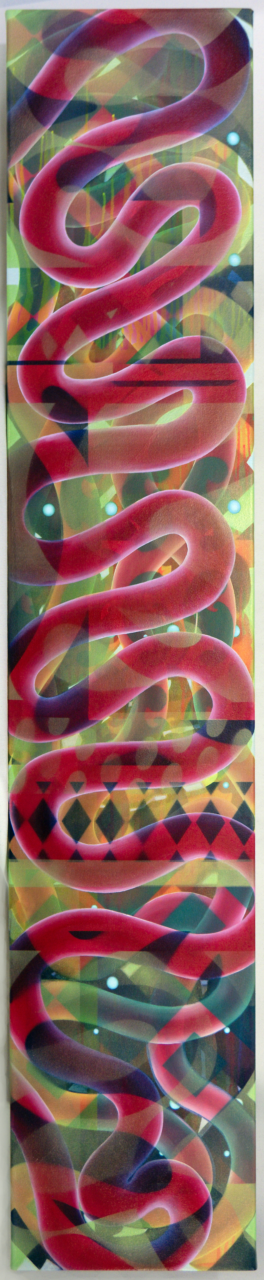Opal/Pythia, acrylic and interference on canvas, 72 in. x 14 in., 2025