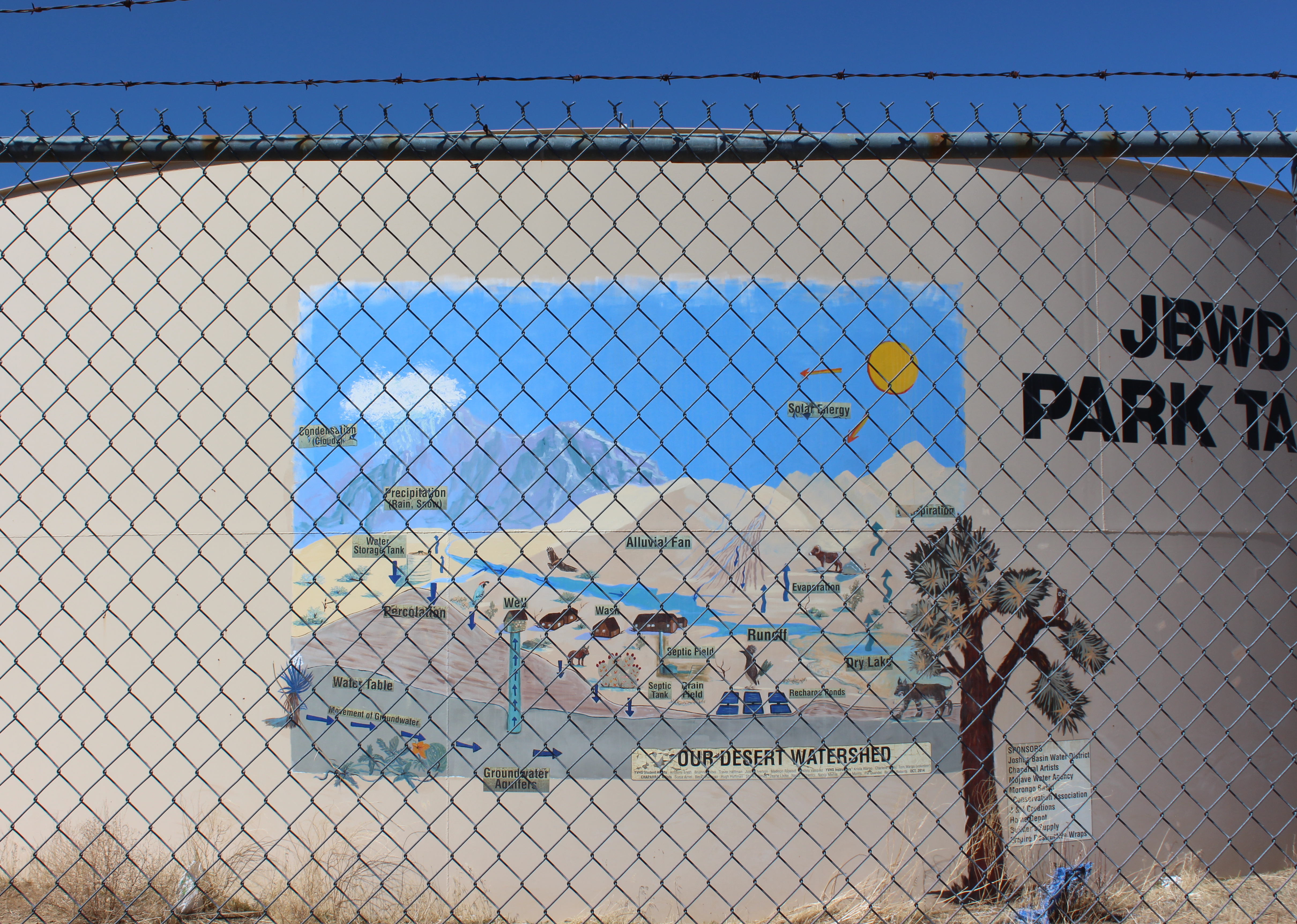 Close up of water tank mural, chain-link and barbed wire in foreground