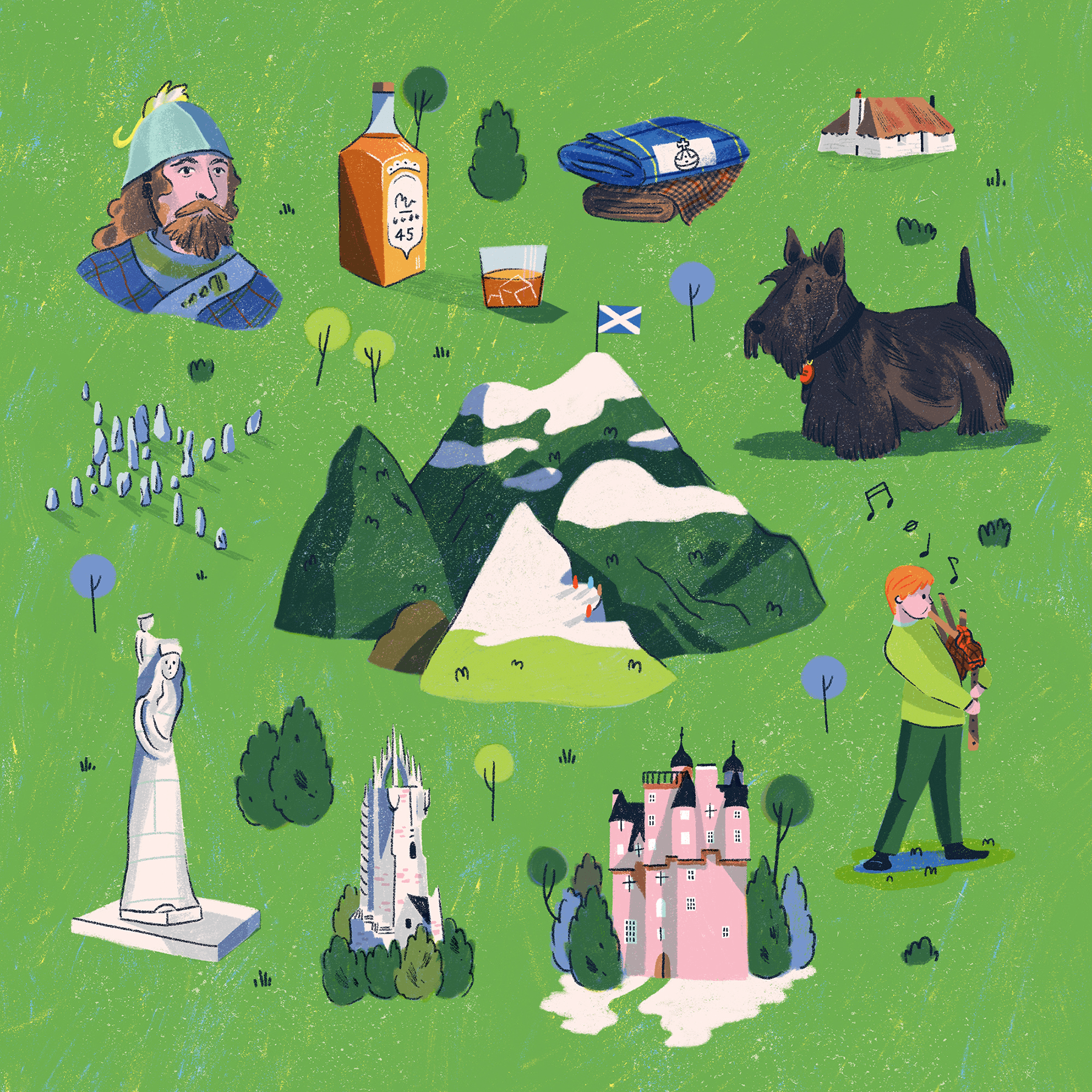Spot illustrations related to Scotland. The Mount Nevis, Scotish terrier, a boy playing the pipes, whiskey, Craigiever Castle and others.