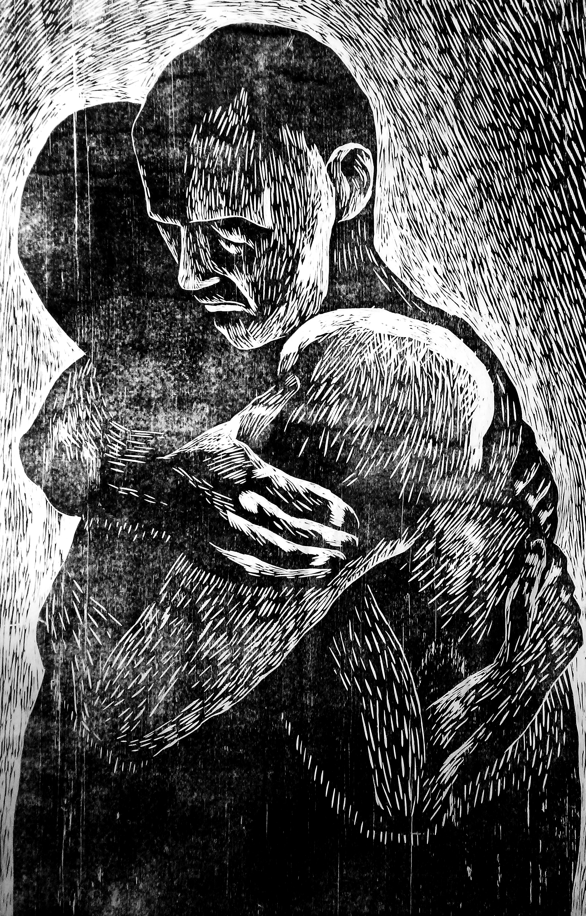 Blood Embrace, steamroller-printed woodcut