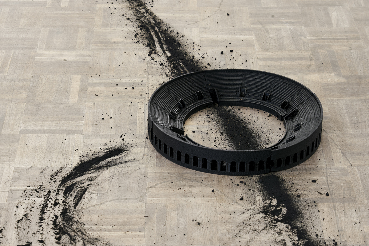 Achraf Touloub, I-O, 2022 | 3D print polyatic acid, charcoal and incense, 42cm ⌀ ; installation dimensions variable