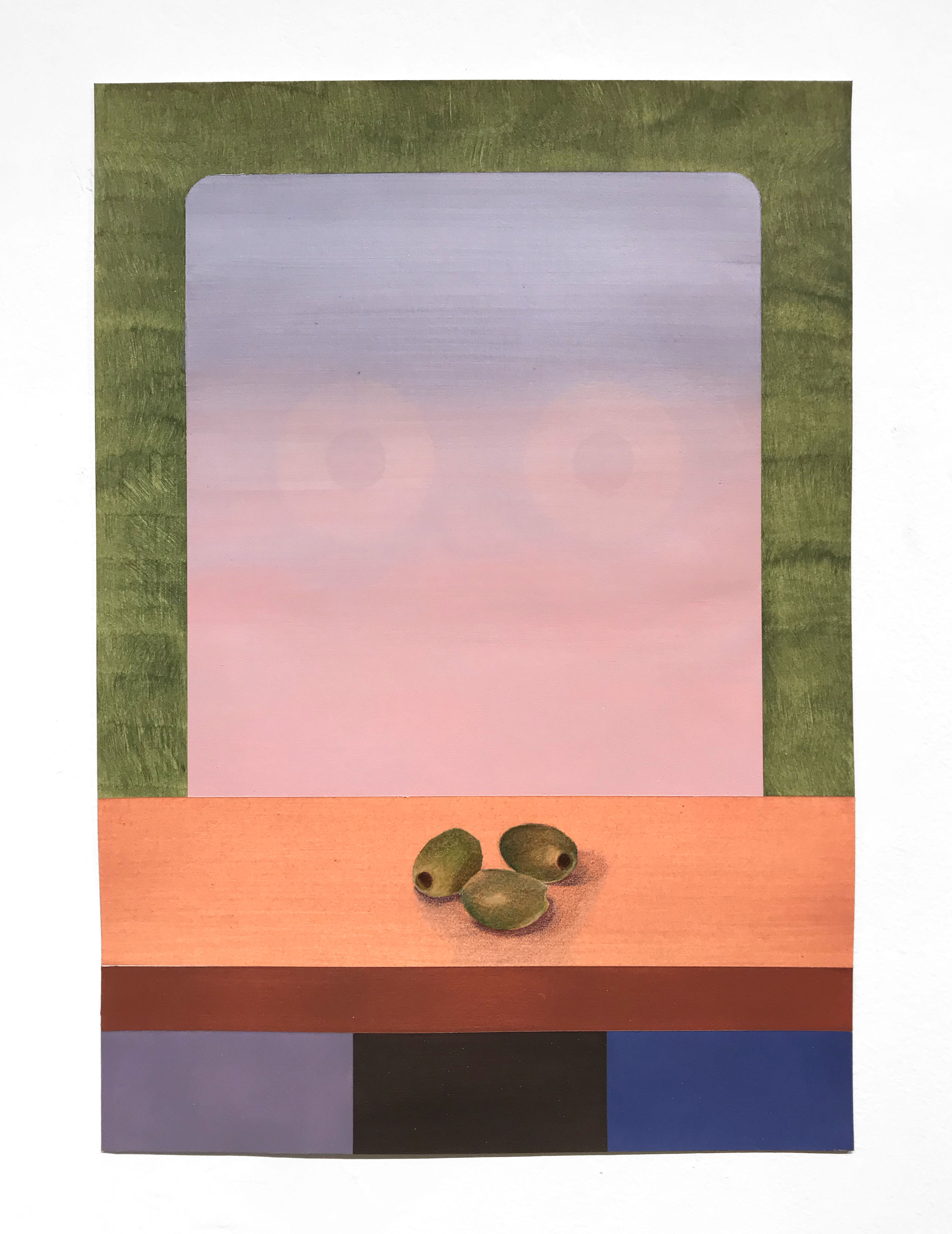 Three olives, 2023, acrylic and colored pencil on paper, 12" x 16"