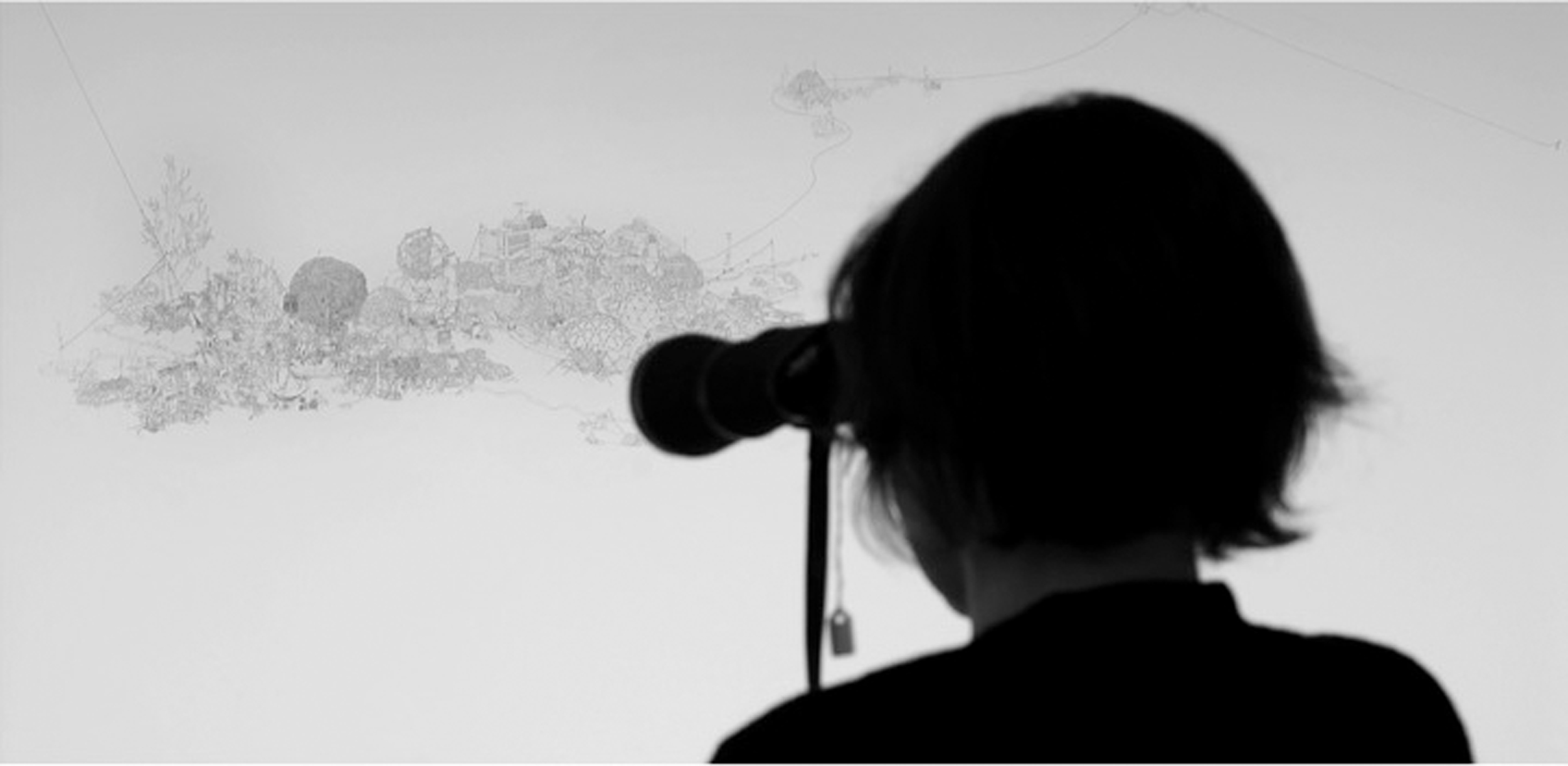 Olia Mishchenko, New World (installation detail), 2008, ink drawings on wall, viewfinder