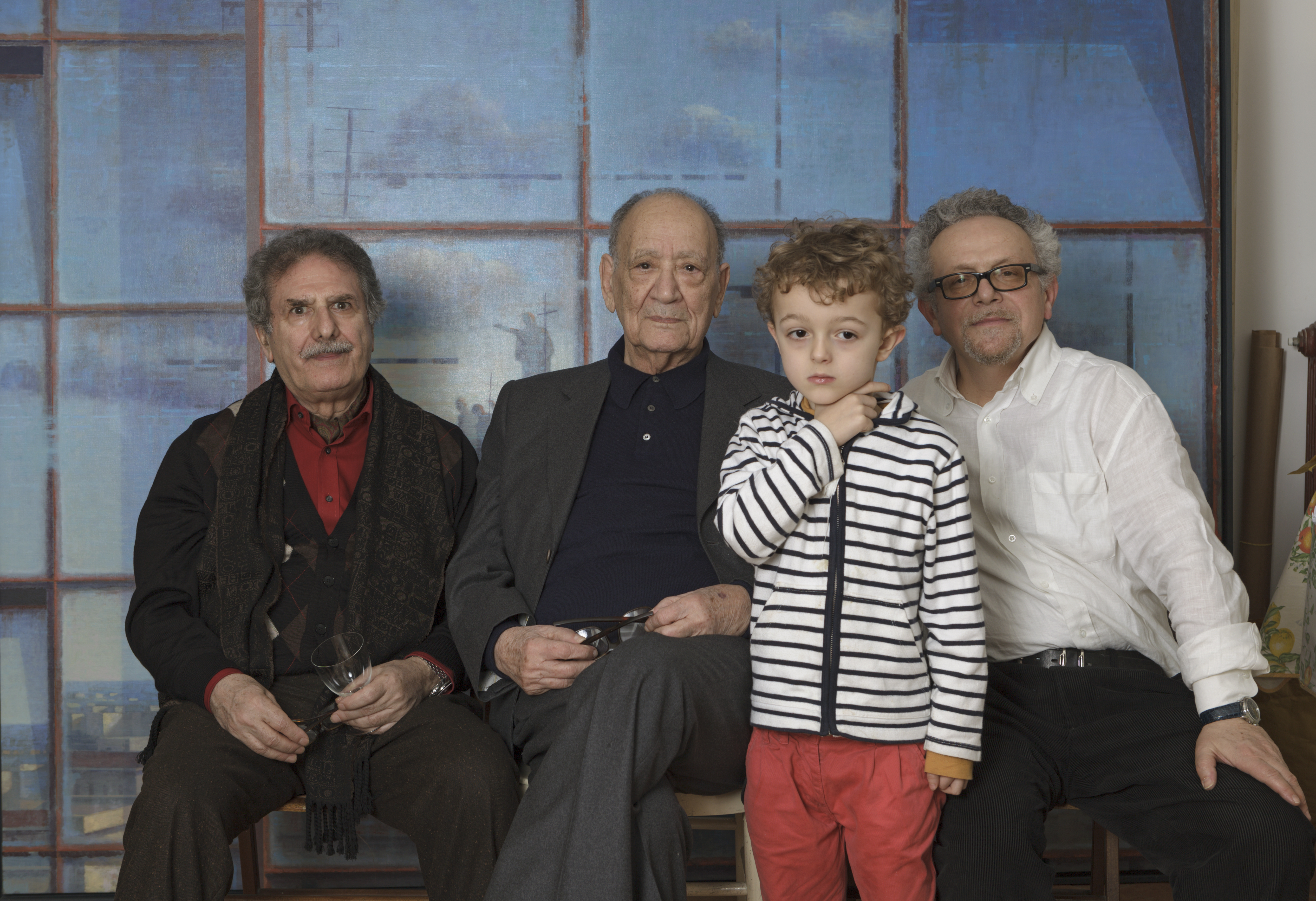 Giuseppe Modica nello studio con gli psicanalisti Luigi Burzotta e Mustafa Safuan, 2013, foto Dino Ignani