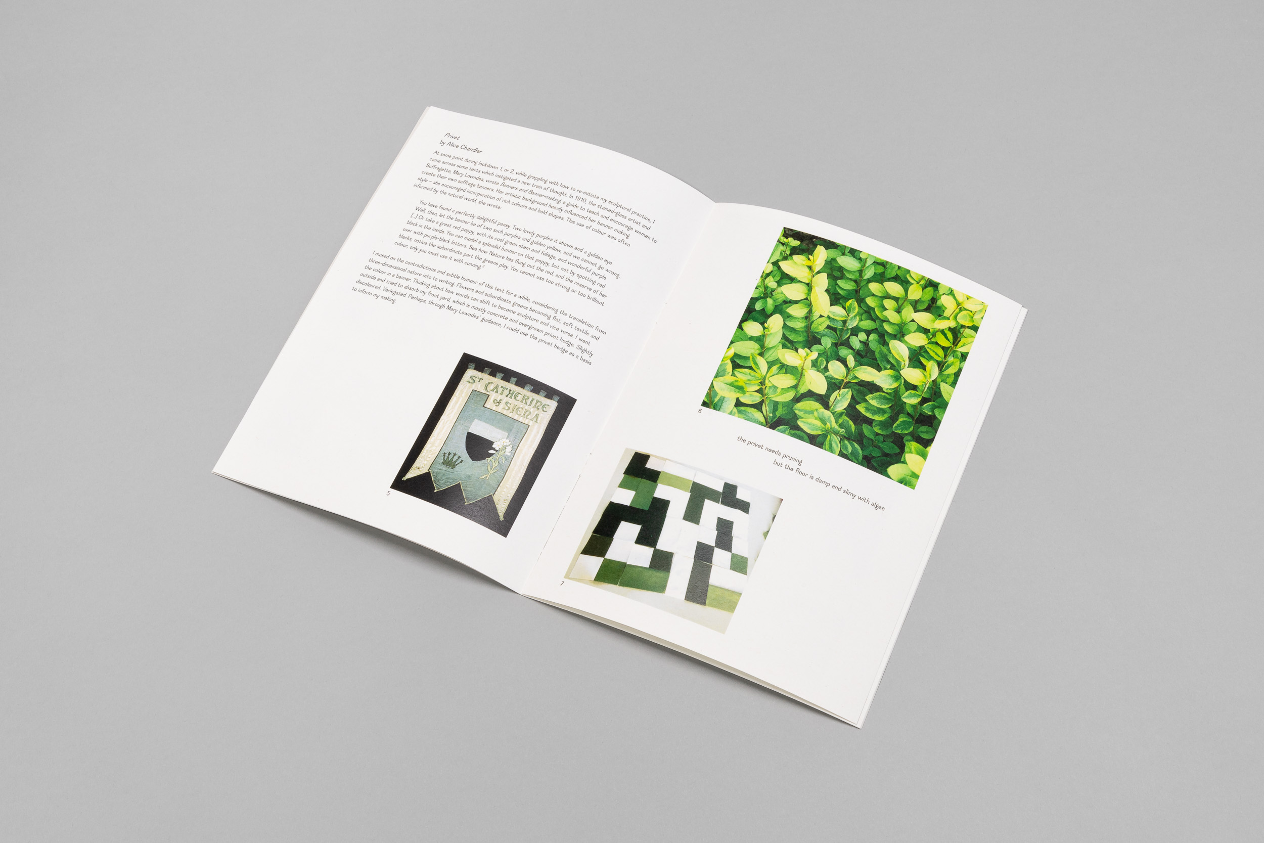 Inside spread of the booklet including images of a banner, a hedge and a quilt in progress.