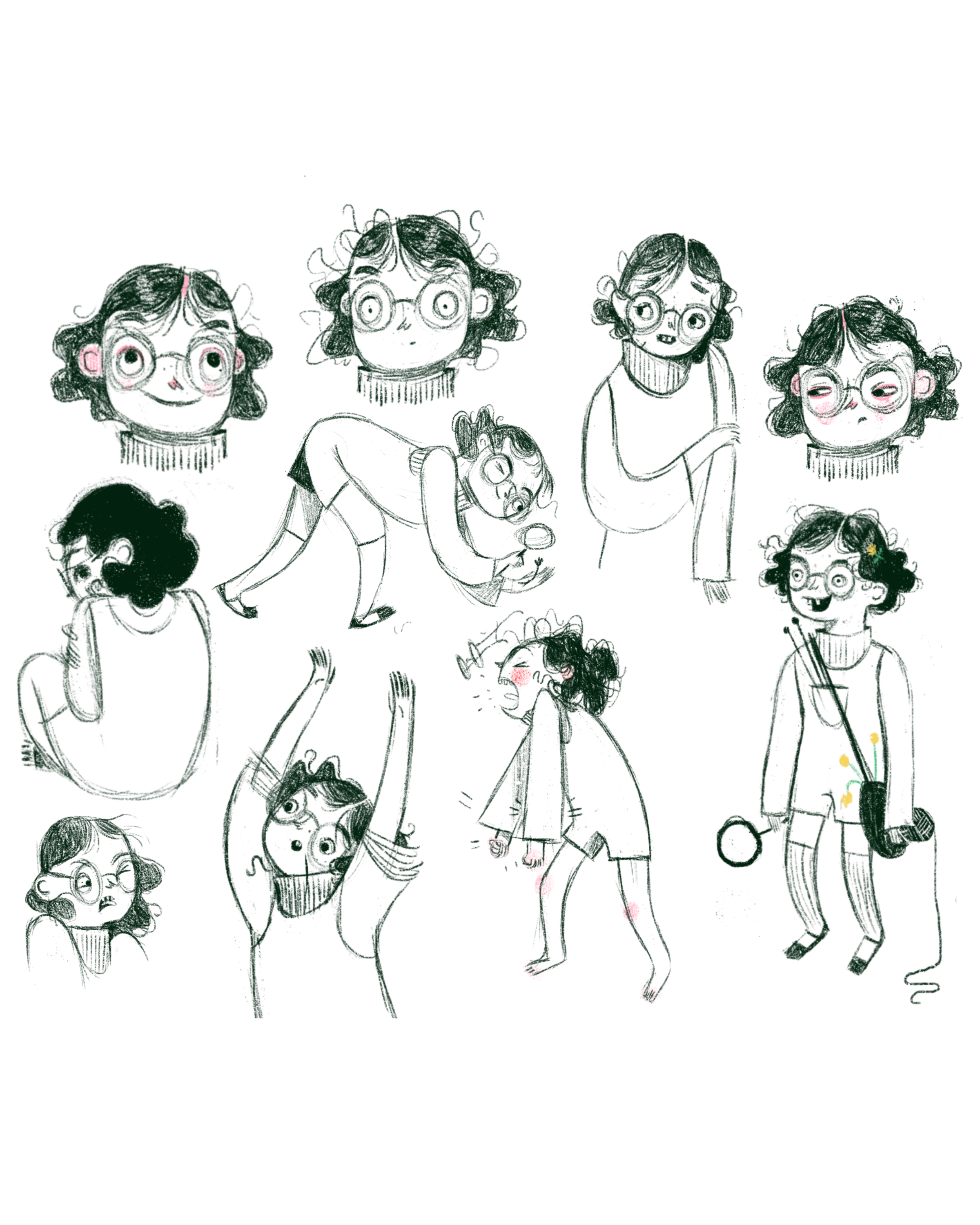 Character studies for Cynthia. In the story, she is the only one who can see Gilford at first.