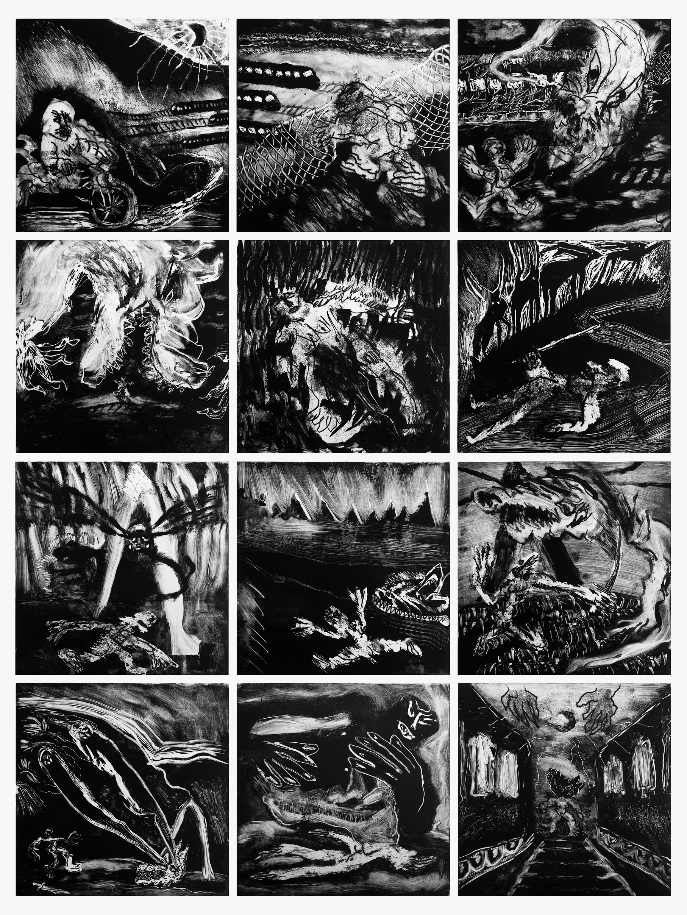 Storia di Manuto Sciacalletto Inquietomonotype on paper accompanied by audio story, unique, series of 12 prints, 35x35cm each, 2017