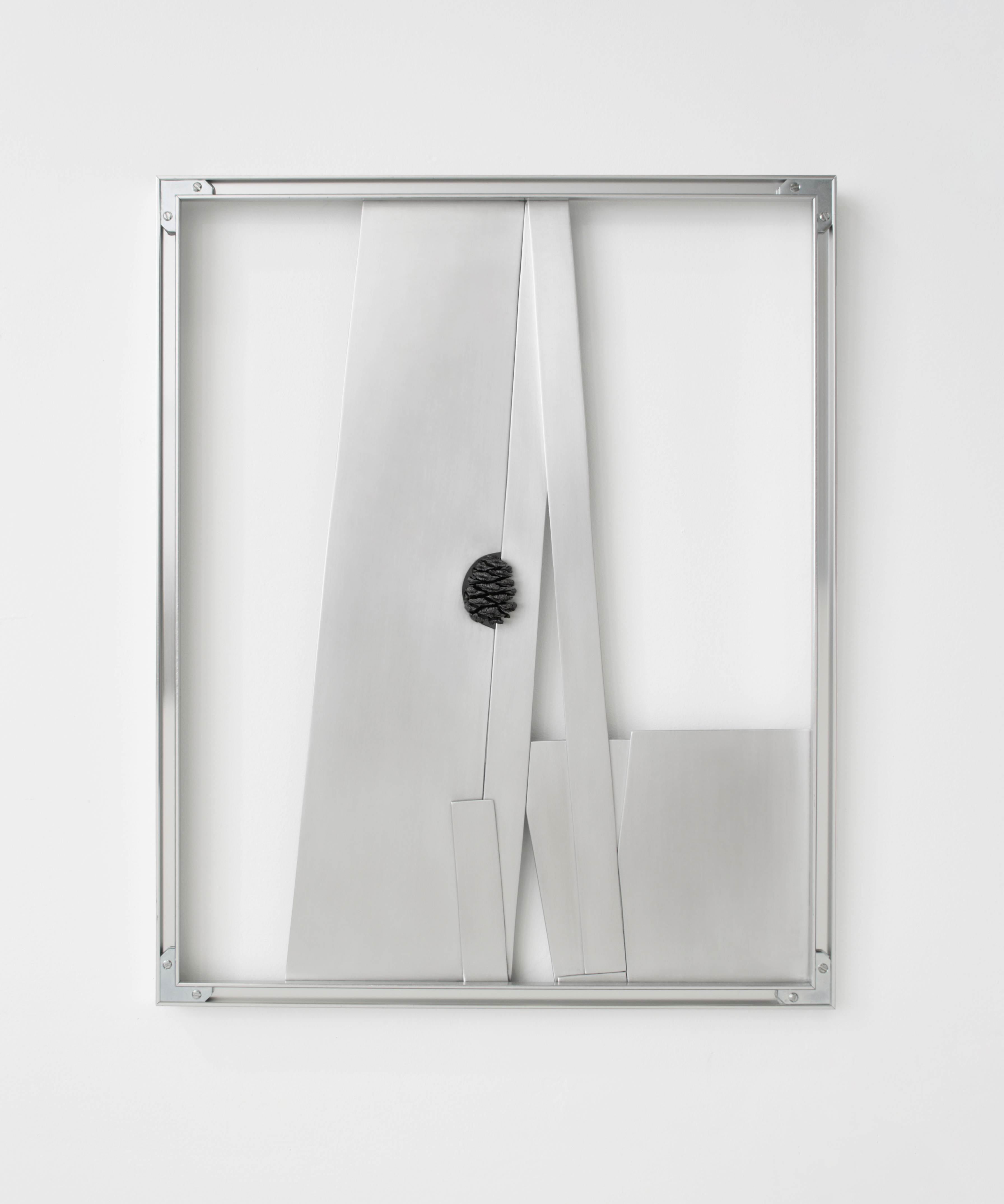 ( updraft ) 2023, repurposed brushed aluminum, graphite rubbed Giant Sequoia pinecone, aluminum frame and hardware 17 x 1.5 x 21”