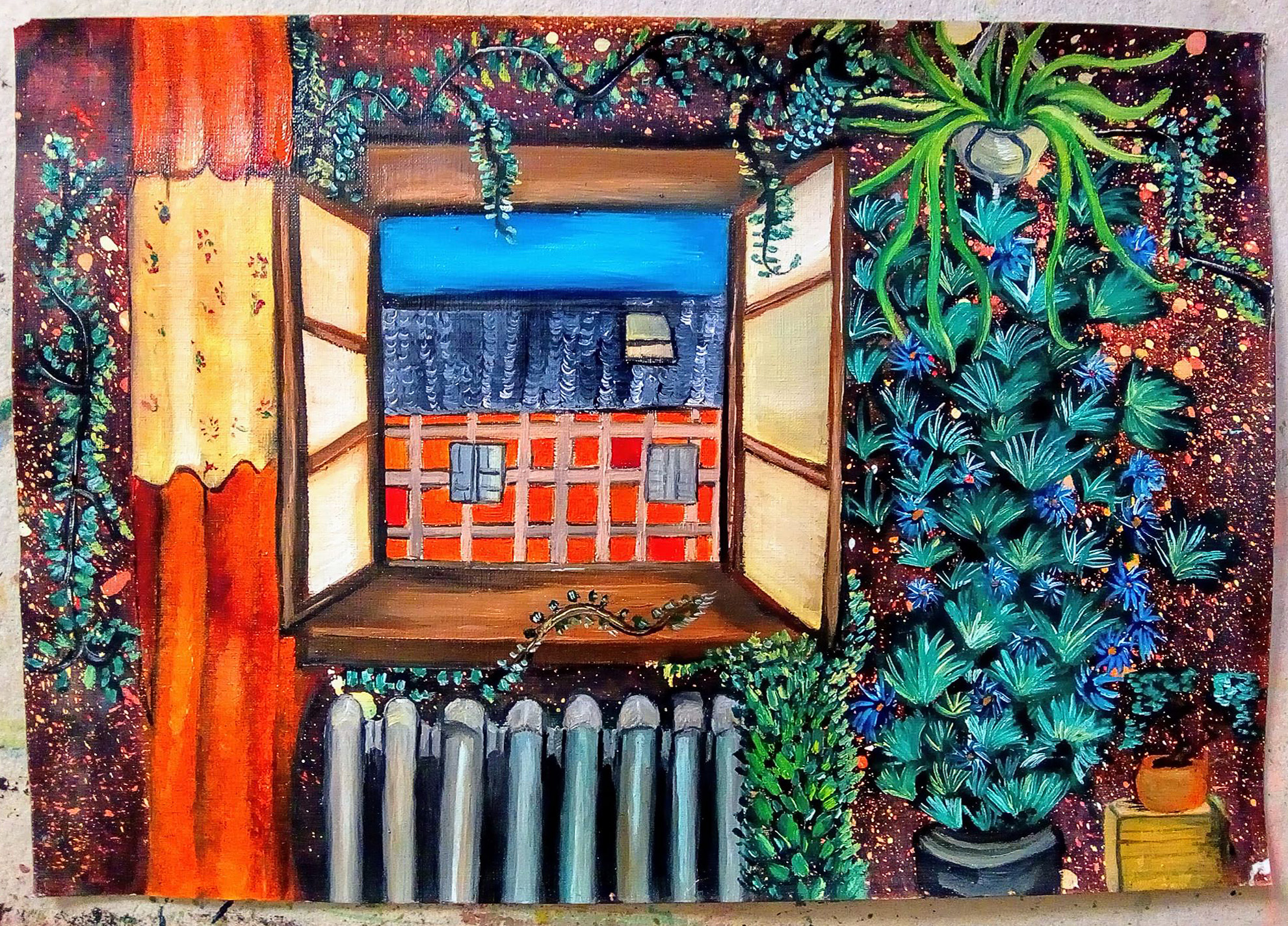 De ma fenêtre un jardin intérieur, challenge artcourse. galerie art'course, confiné,es que vois-tu par ta fenêtre? 2020, huile dur papier, 30x42 cm