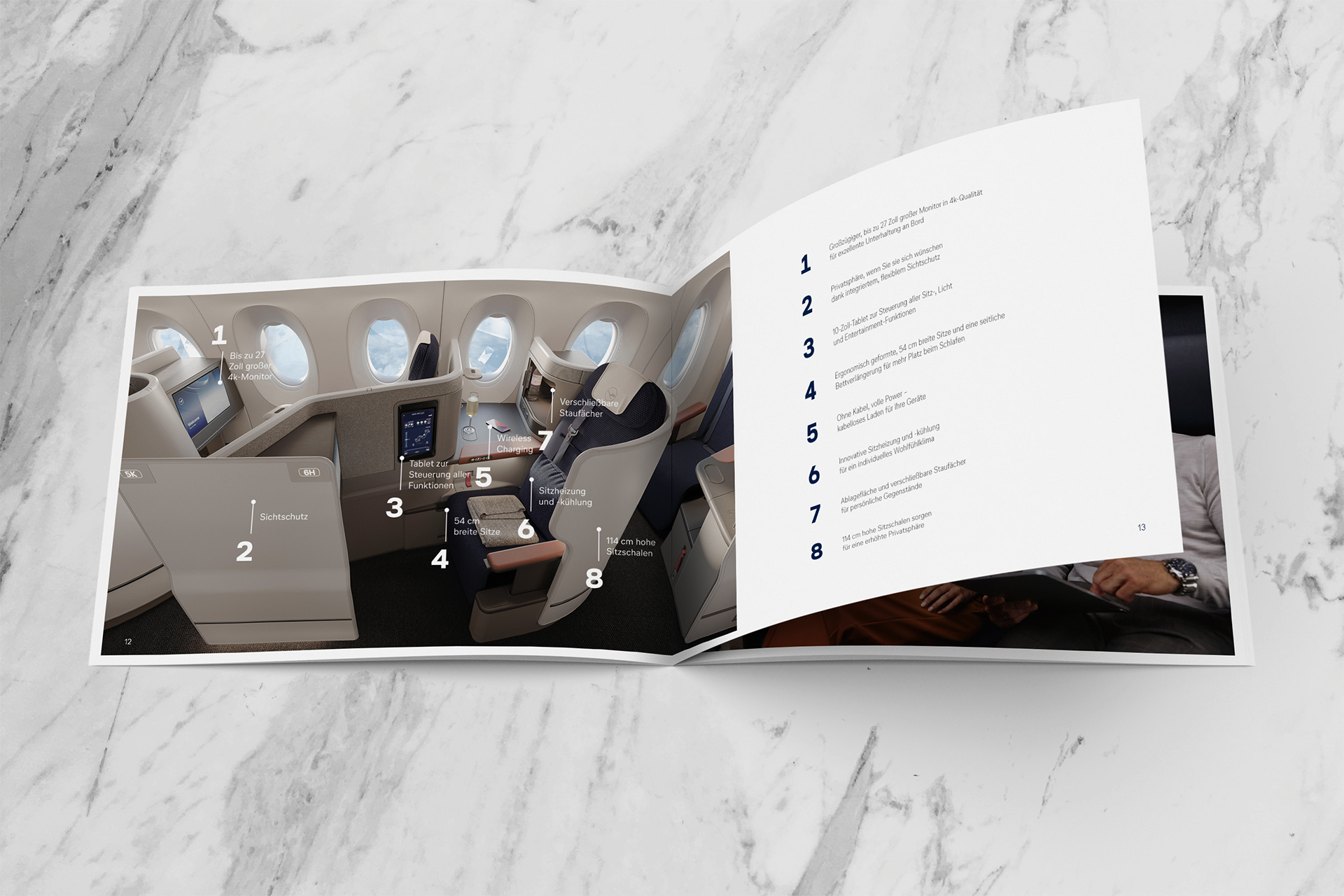 Allegris leaflet open, showcasing the features of the Business Class Seat: The infographic on the open page highlights the eight features of the Business Class Seat