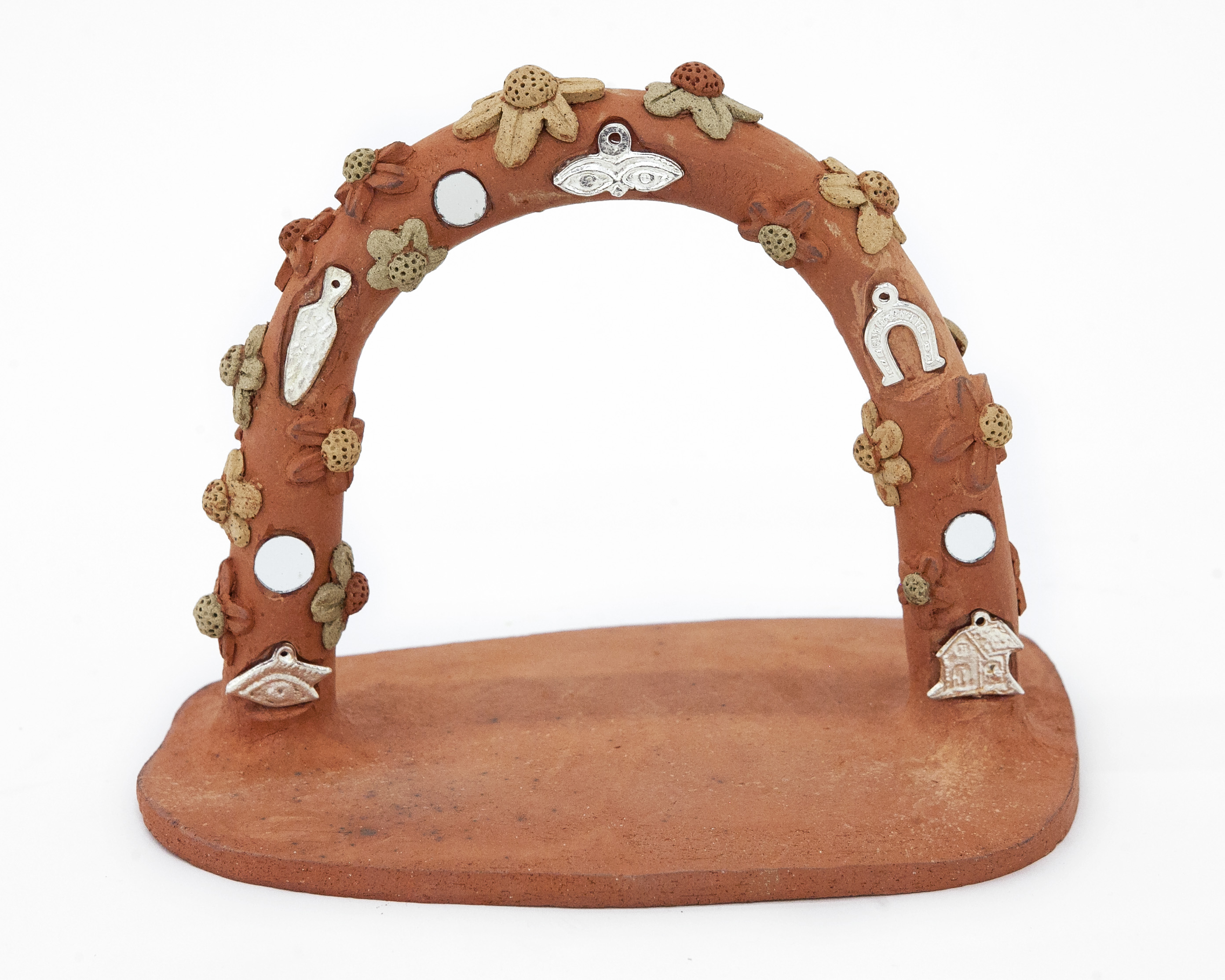 "Puente #4”, stoneware, pewter milagros and mirrors, 6" x 8" x 5", 2020