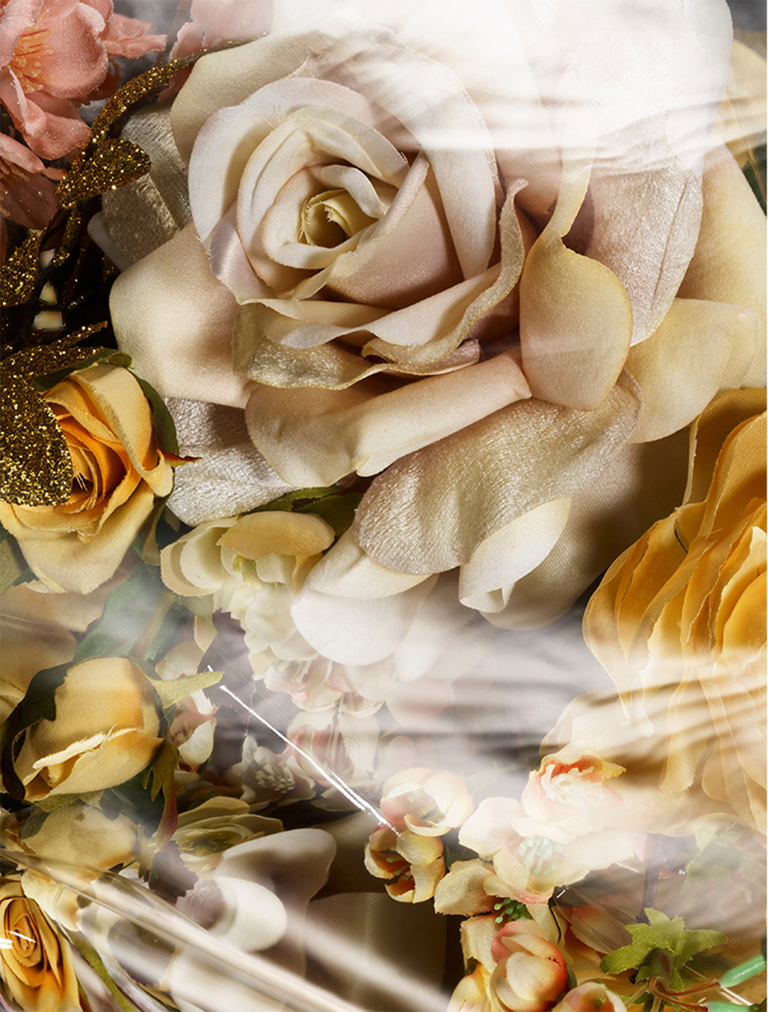 KMA stylist Sara Wacksman designs set for a conceptual photo of colorful flowers covered by plastic for Pan & The Dream