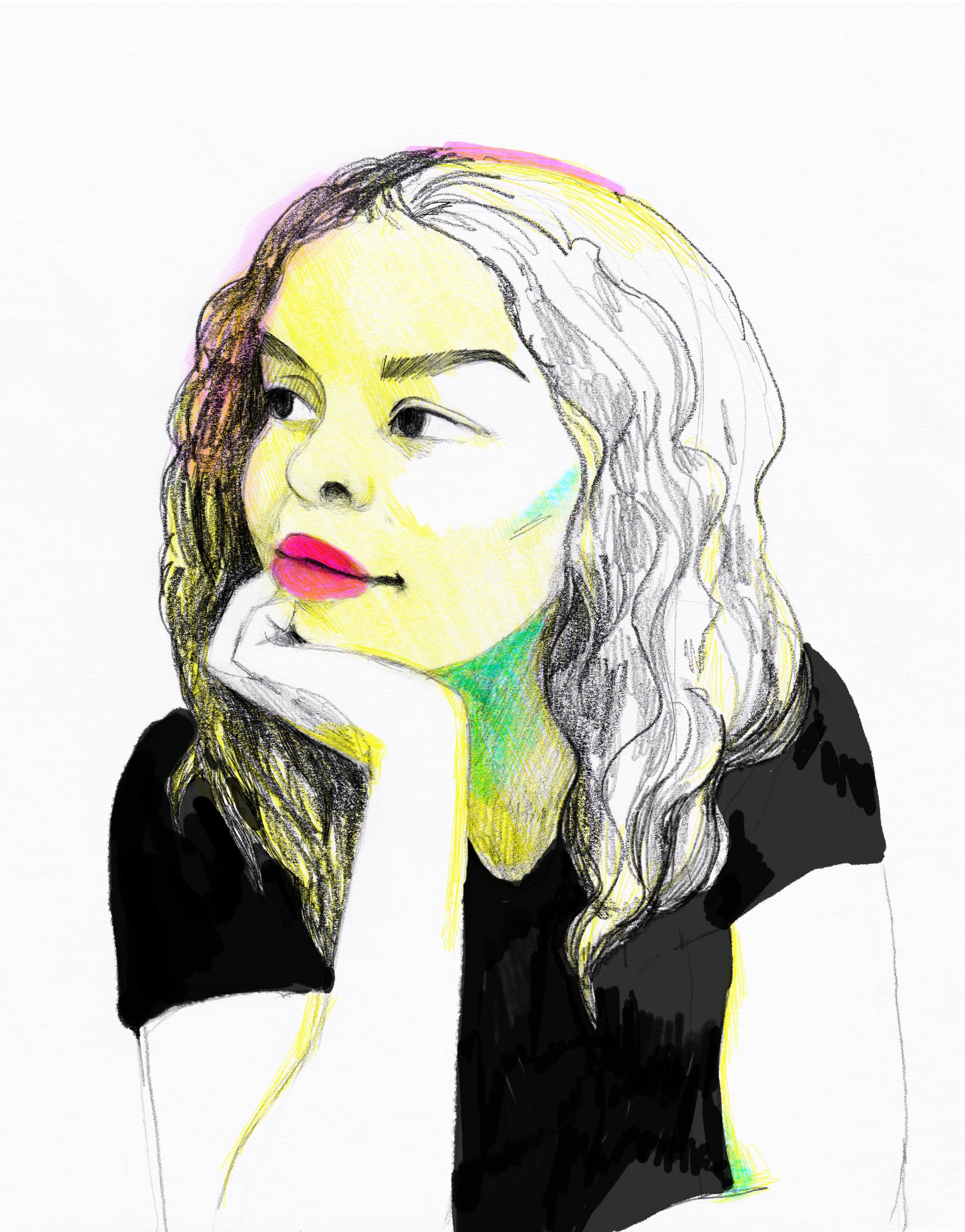 A pencil illustration of a girl's portrait. Stylistically, the pencil drawing is very loose and underdeveloped, fitting the theme of 'becoming' a graphic designer. The portrait is lightly coloured with pops of cyan, magenta, yellow and black. The girl has her face propped on her right hand, looking away from the viewer.