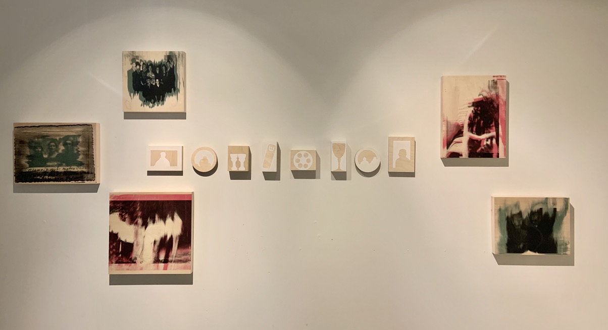 zecher; archives, silkscreen print on wood panel, 12x16, 12x12, 16x16, 12x16, 11x14 AND pesek; on display, acrylic on wood panel, 4x7 in, 4 in, 4x3 in, 2x5 in, 4x3 in, 2x5 in, 4 in, 4x7 in