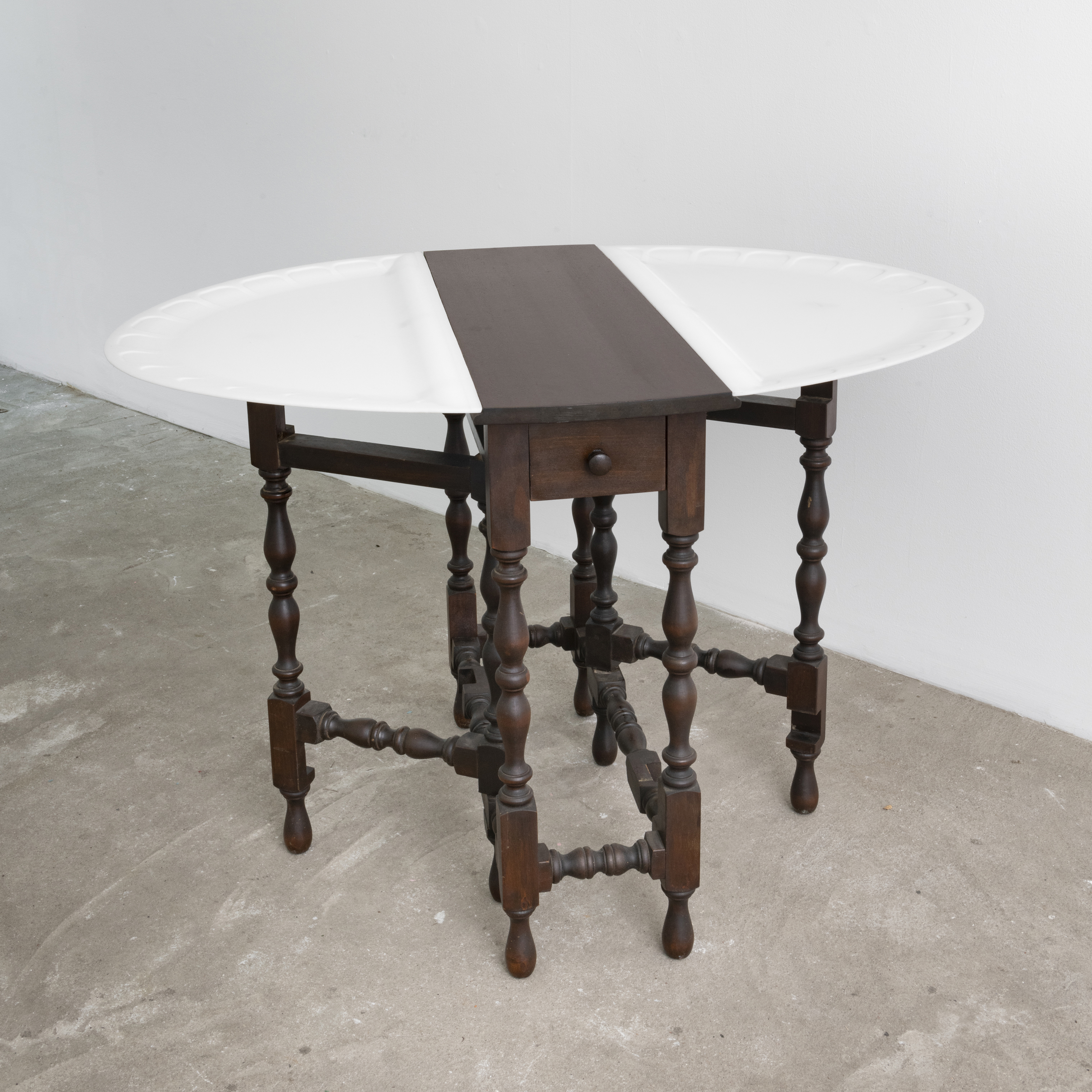 Wounded Table (open), 2020, antique Maddox table and high-density polyethylene, 29 x 32 x 43.5 in