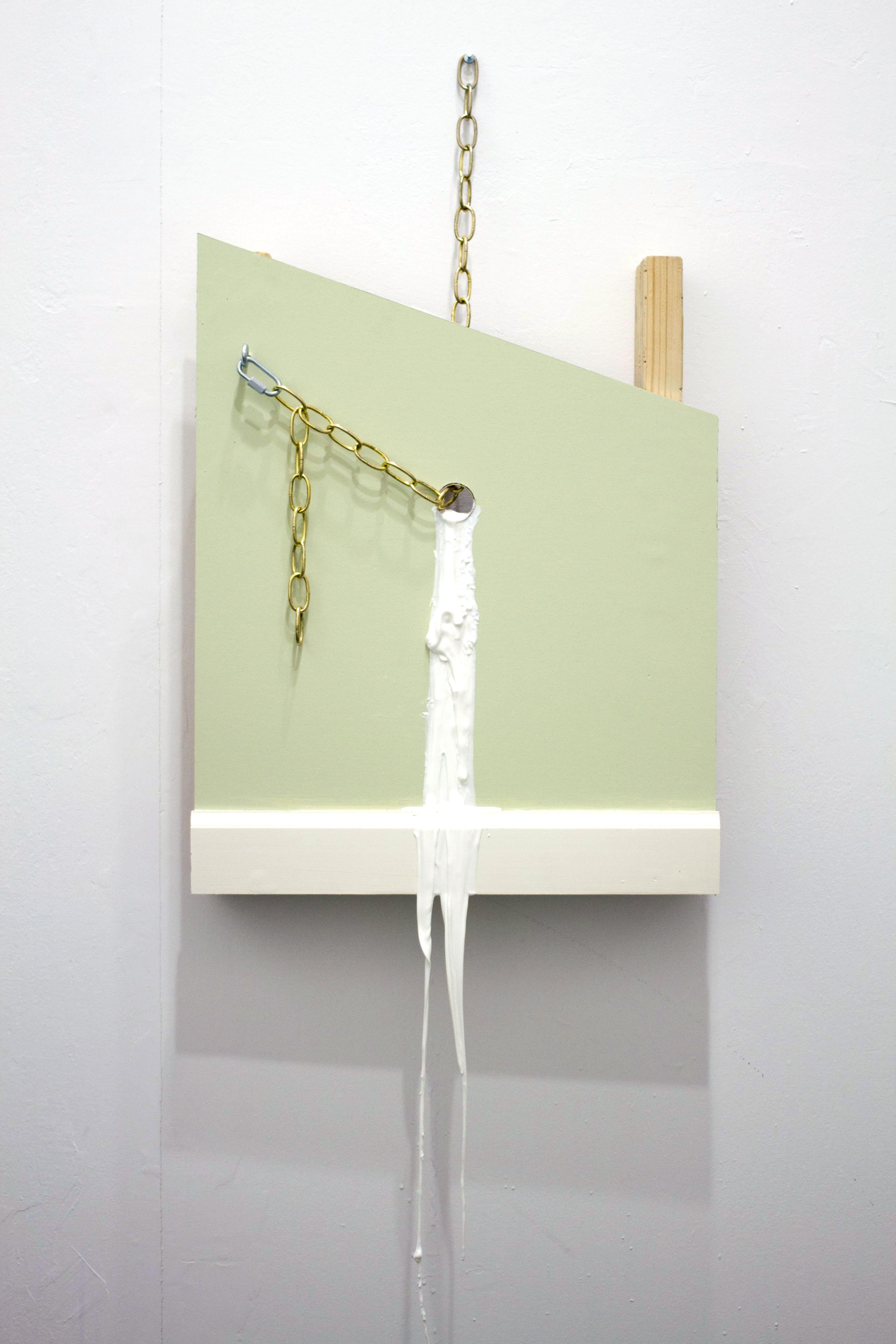 It Comes In (Pierced), 2017, 36"x24"x5". Wood, screws, aluminum hardware, urethane resin, drywall, acrylic paint, steel chain