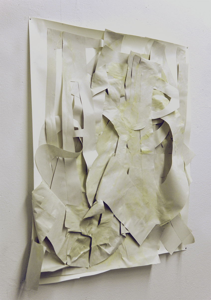 2/2 — TFDSM.  Utilizing a specific sentence, "The fox drinks snake's milk," as the starting point, TFDSM investigates language, communication, and physical gesture through analog processes. The project employs newsprint because of its fragility and role historically as a material typically filled with information and language, becoming seemingly ubiquitous. With the tradition of drawing in mind, individual letters are cut by hand, without a preplanned font or form, then intuitively composed.  Installation view from the exhibition Skin Tight at New Capital, Chicago, IL, 2013.