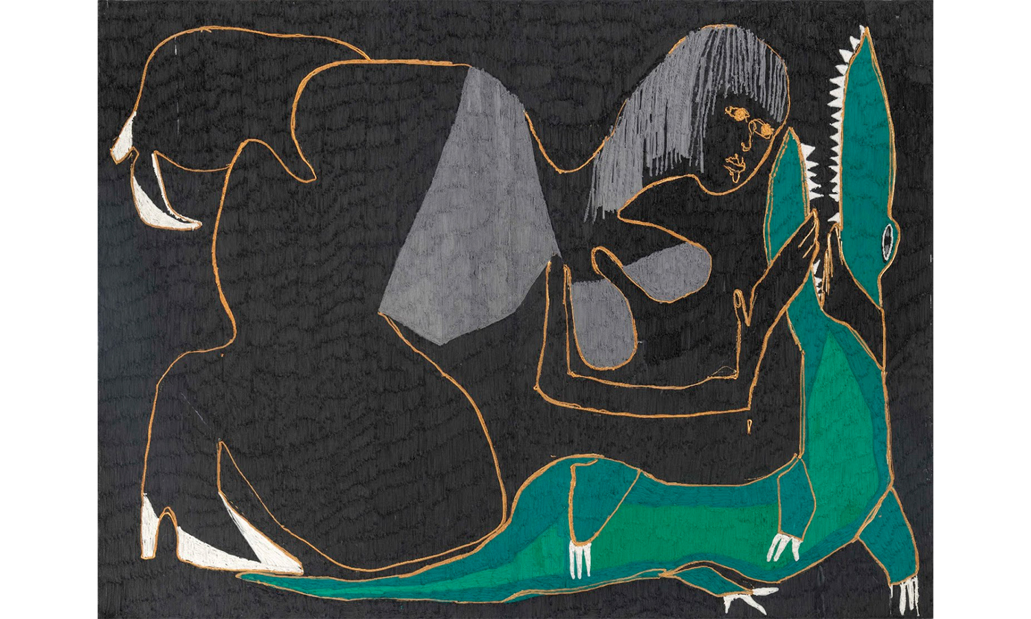 “Wrestling Alligator With Bare Hands” 2018, acrylic on aluminum mesh, 68" x 96" 