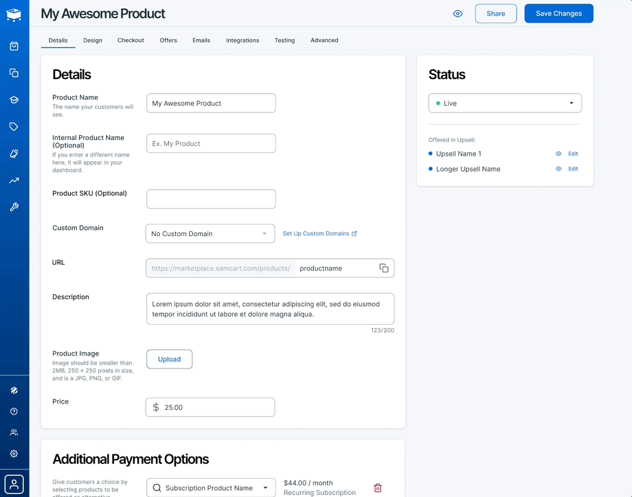 Product Settings, clicking through tabs
