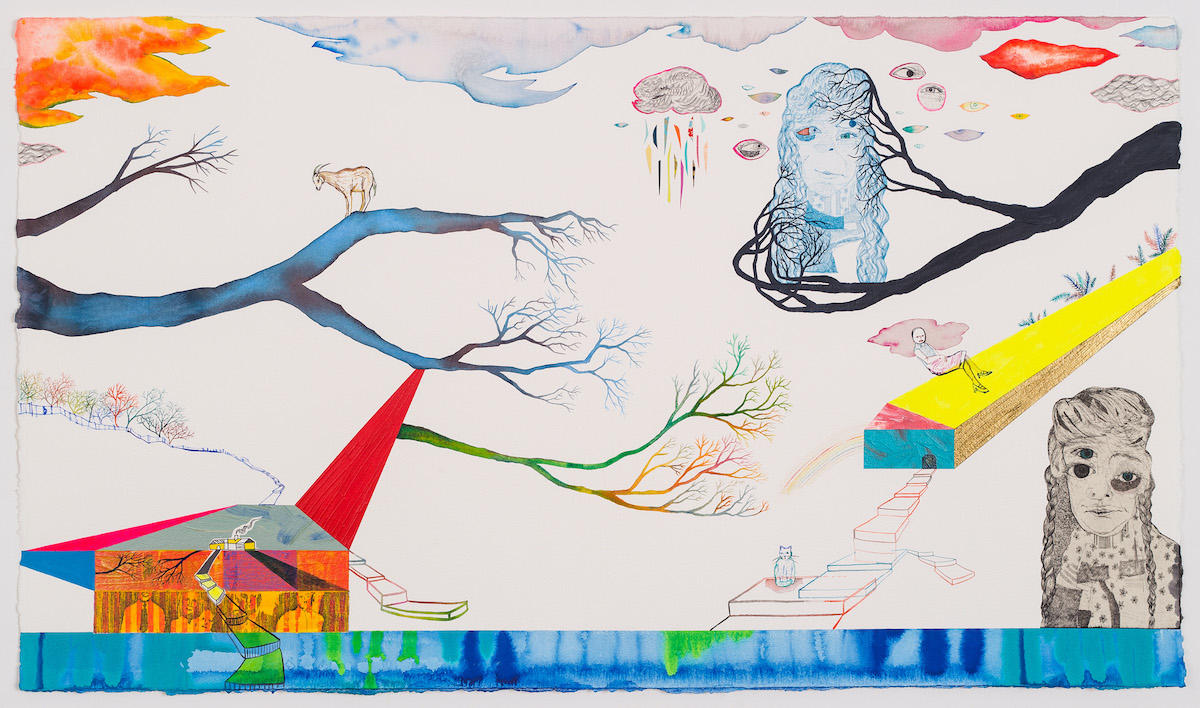 Claire Cowie, Mind Map III, 2019, Watercolor, collage on paper, 24 x 41 1/2 in.