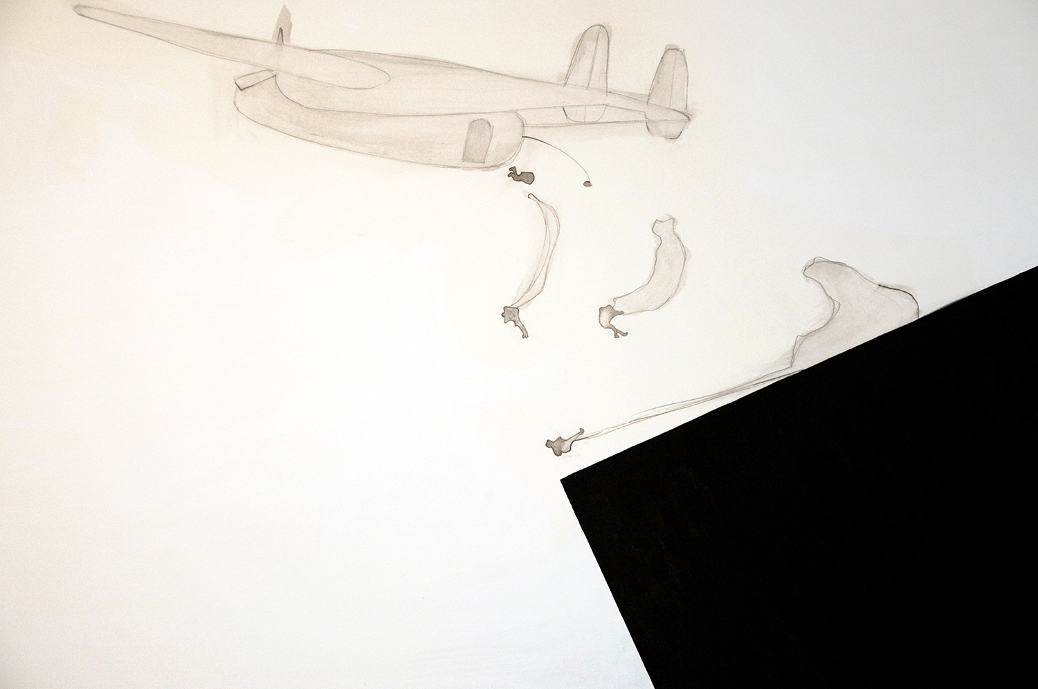 paratroopers - diptych (detail). watercolor + gouache on arches. 85 x 94 inches framed