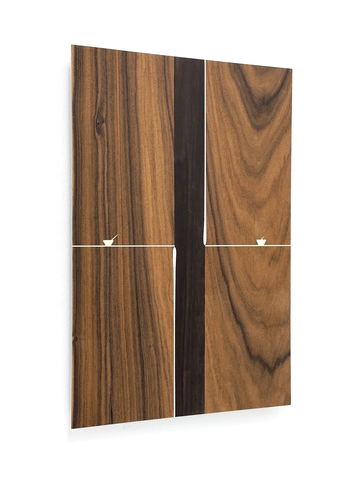 ‘A salute to Mr and Mrs Eames’, 2024, conté pencil and acrylic on Palissander and Macassar Ebony wood veneer/aluminium, 30 x 20 cm.