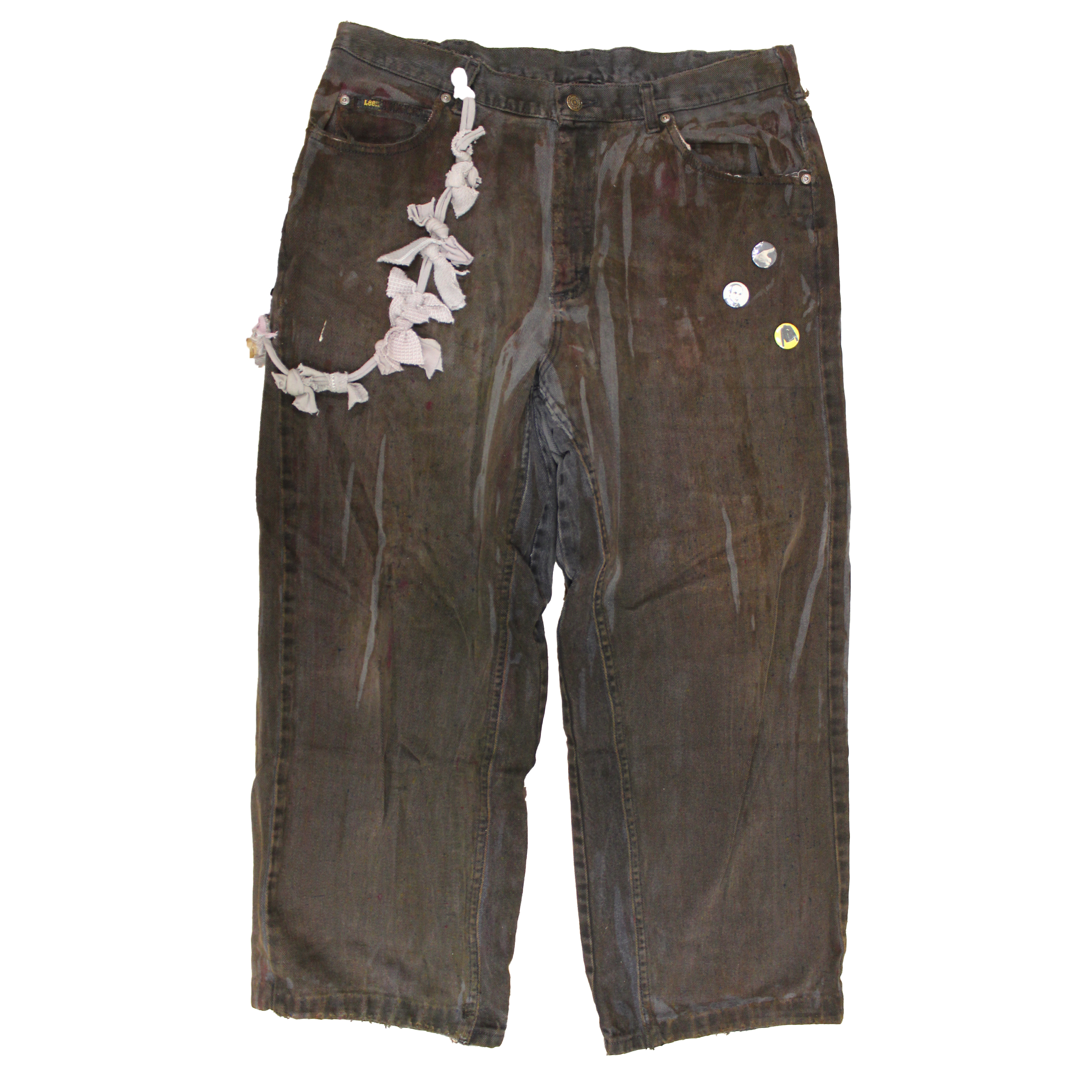 reclaimed vintage surplus denim screen printed with textile dye & various metals. tailored for straight/wide fit. fitted with custom keychain, scrap chain, and leather patches