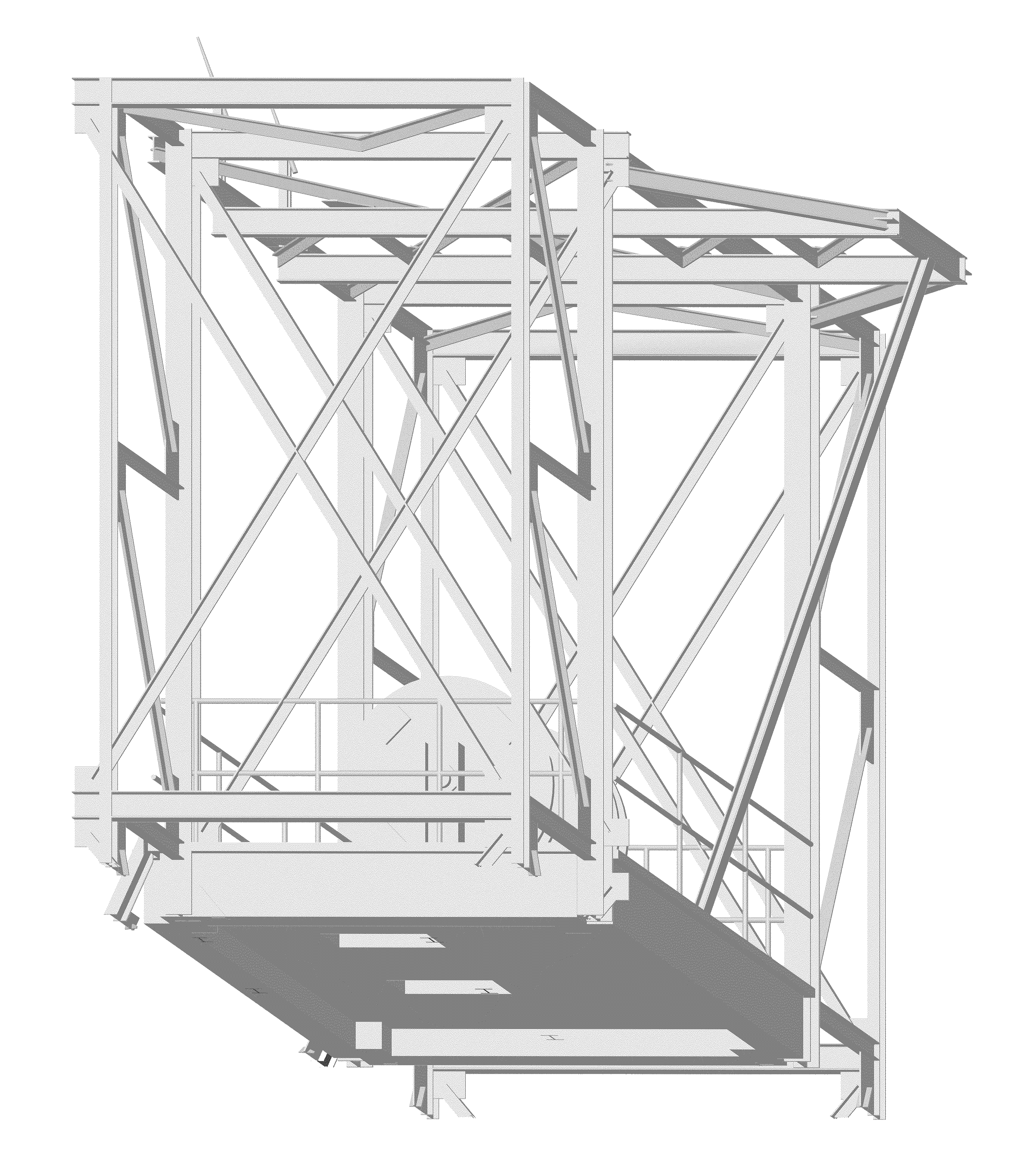 The shaft headframe's top harbors the pulley wheel, where the trolley crane scaffold is held by a diagonal IPE-beam and also by a gusset plate from the bearing structure above.