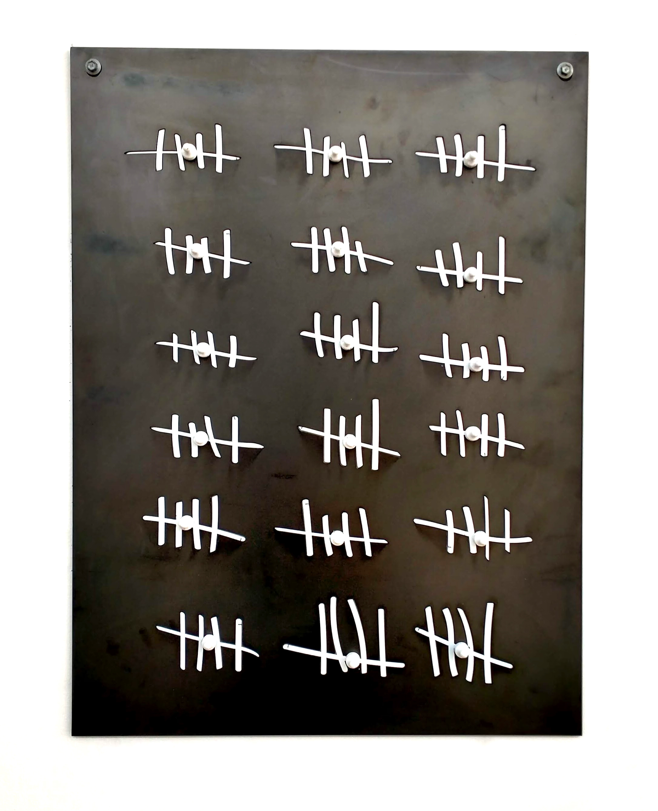 Score Board 2022, Patinated mild steel, magnets and white spray paint 600 x 450 mm