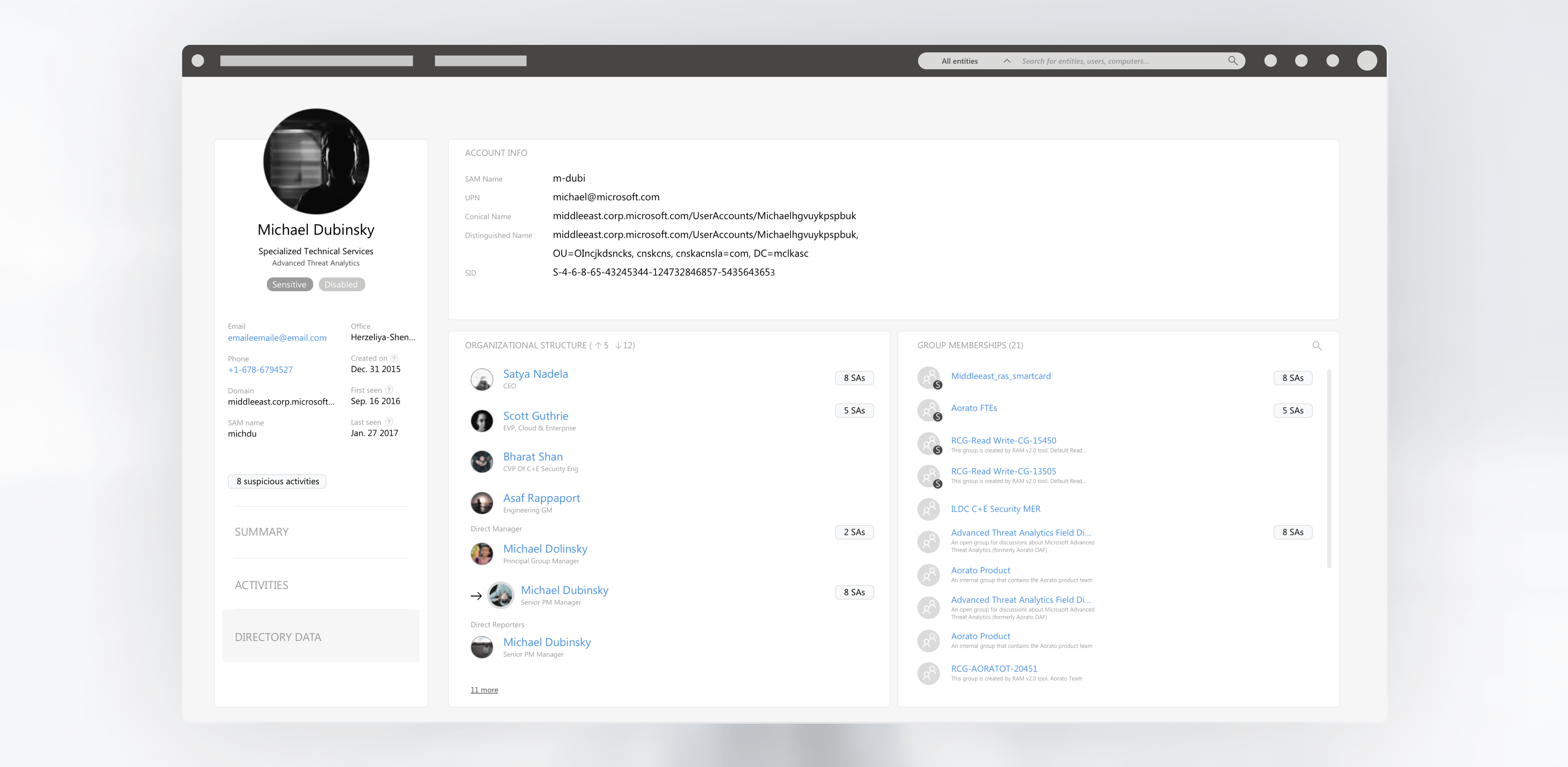 Advanced Threat Analytics (ATA) profile page after redesign, Directory Data tab.