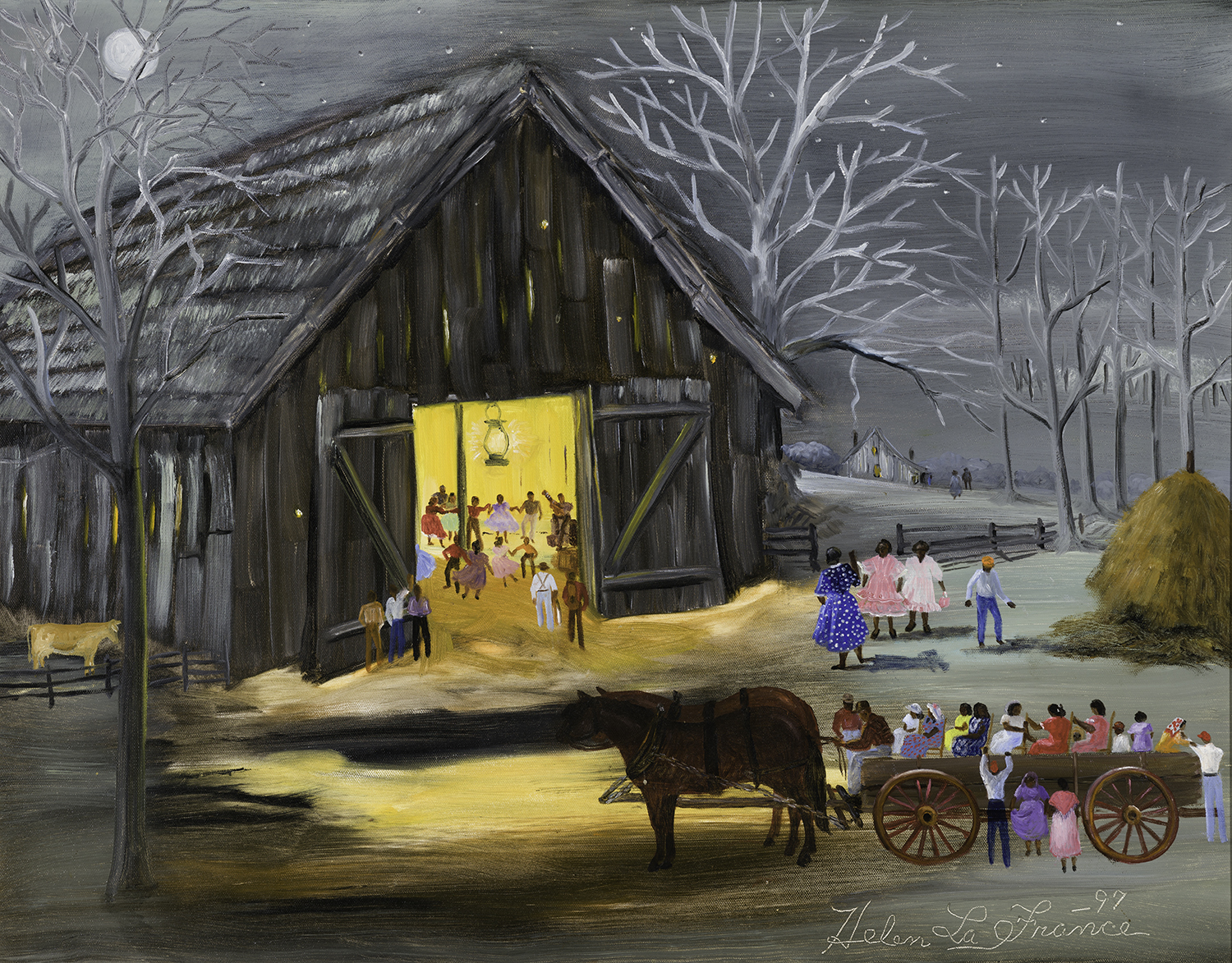 A dream-like painting of an evening winter scene of a barn lit up with warm yellow light underneath a cold gray and empty tree sky. Many small figures with a dark skin tone dance together in the barn, with small groupings of figures either just arriving or just leaving outside, some standing, some in a horse drawn farming cart.