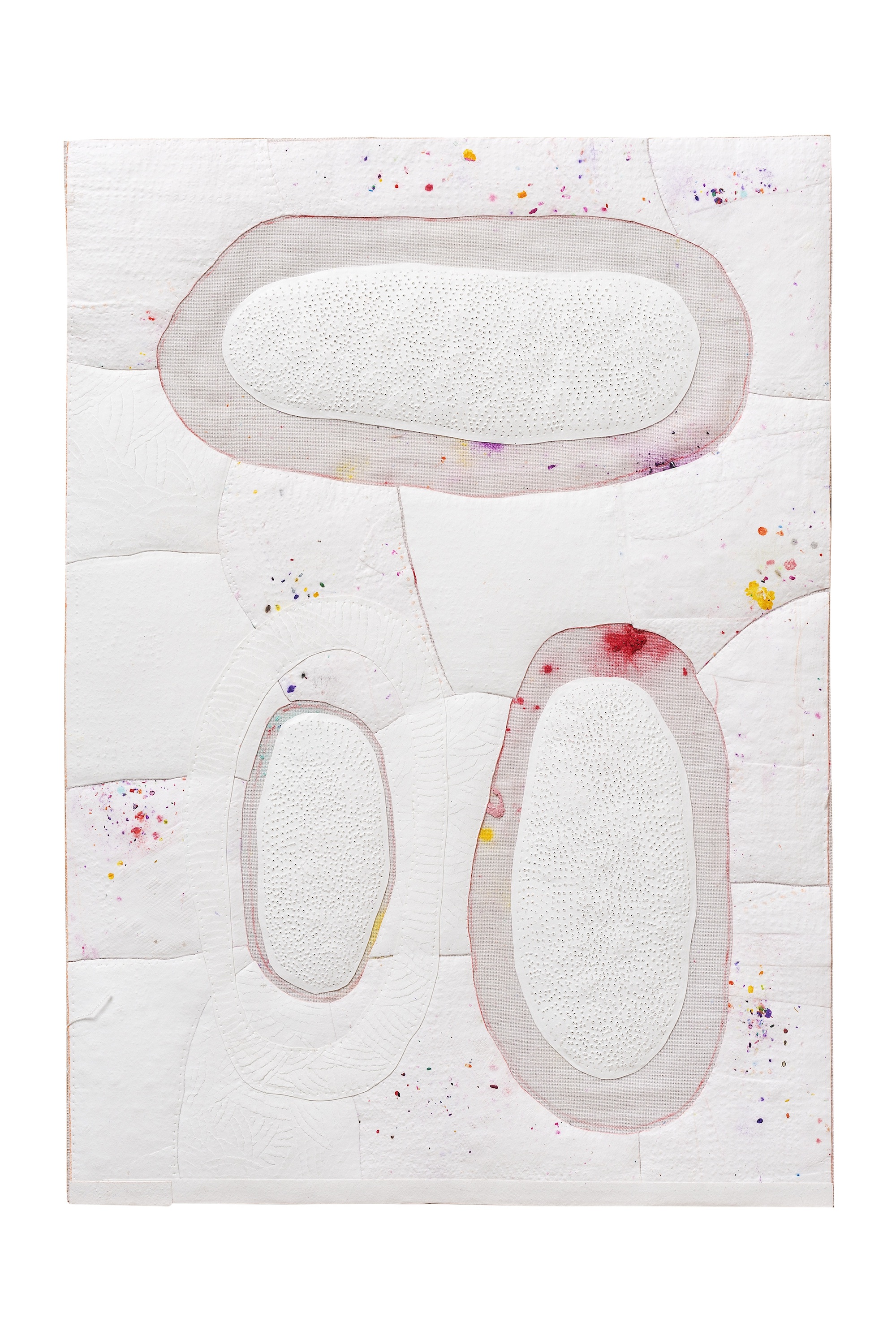  Untitled, 2019, Color pencil, oil, embossing and perforations on fragments of paper mounted on cloth.