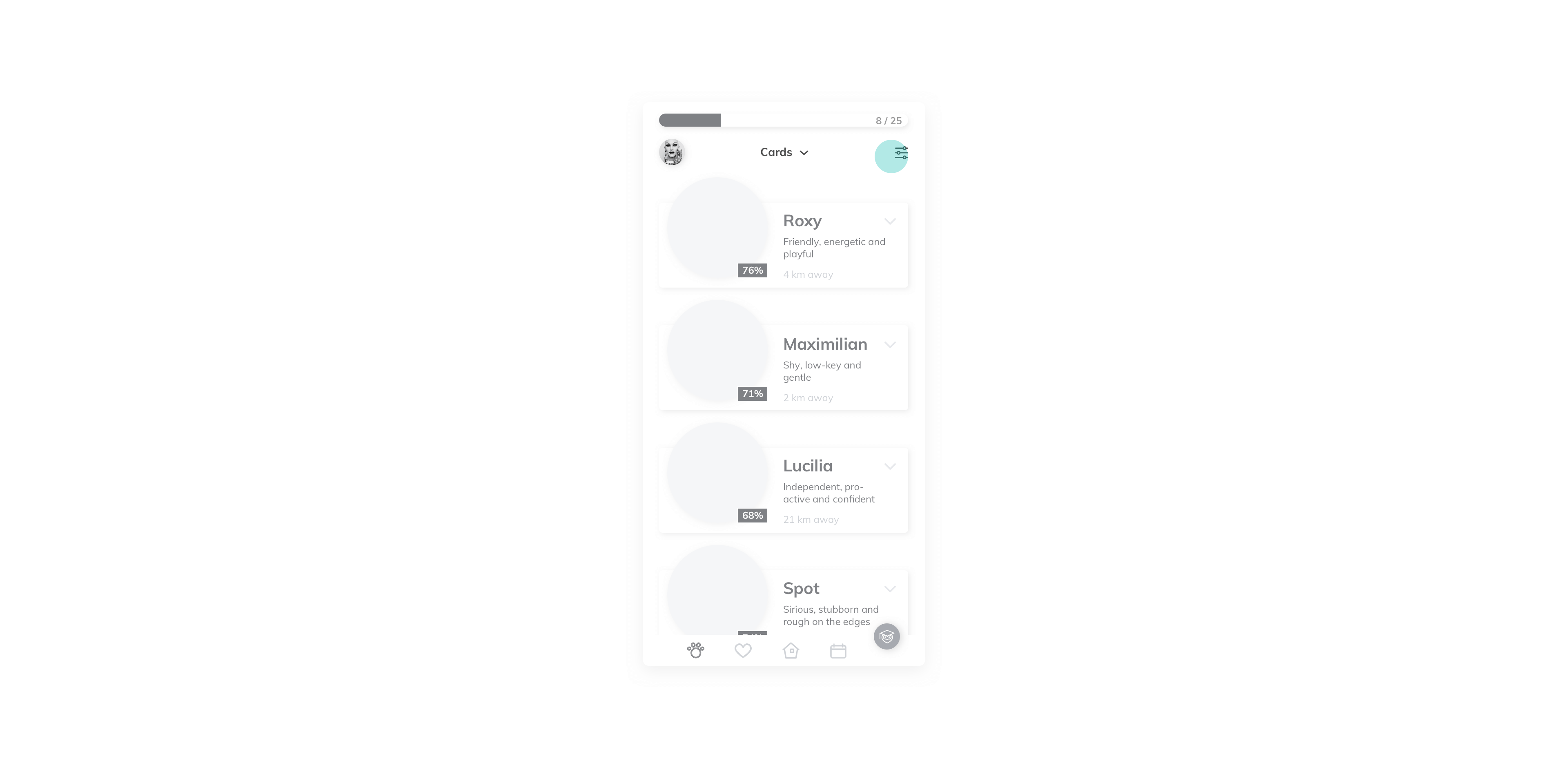 Pets screen, nearby pets. tap on the filter pane.