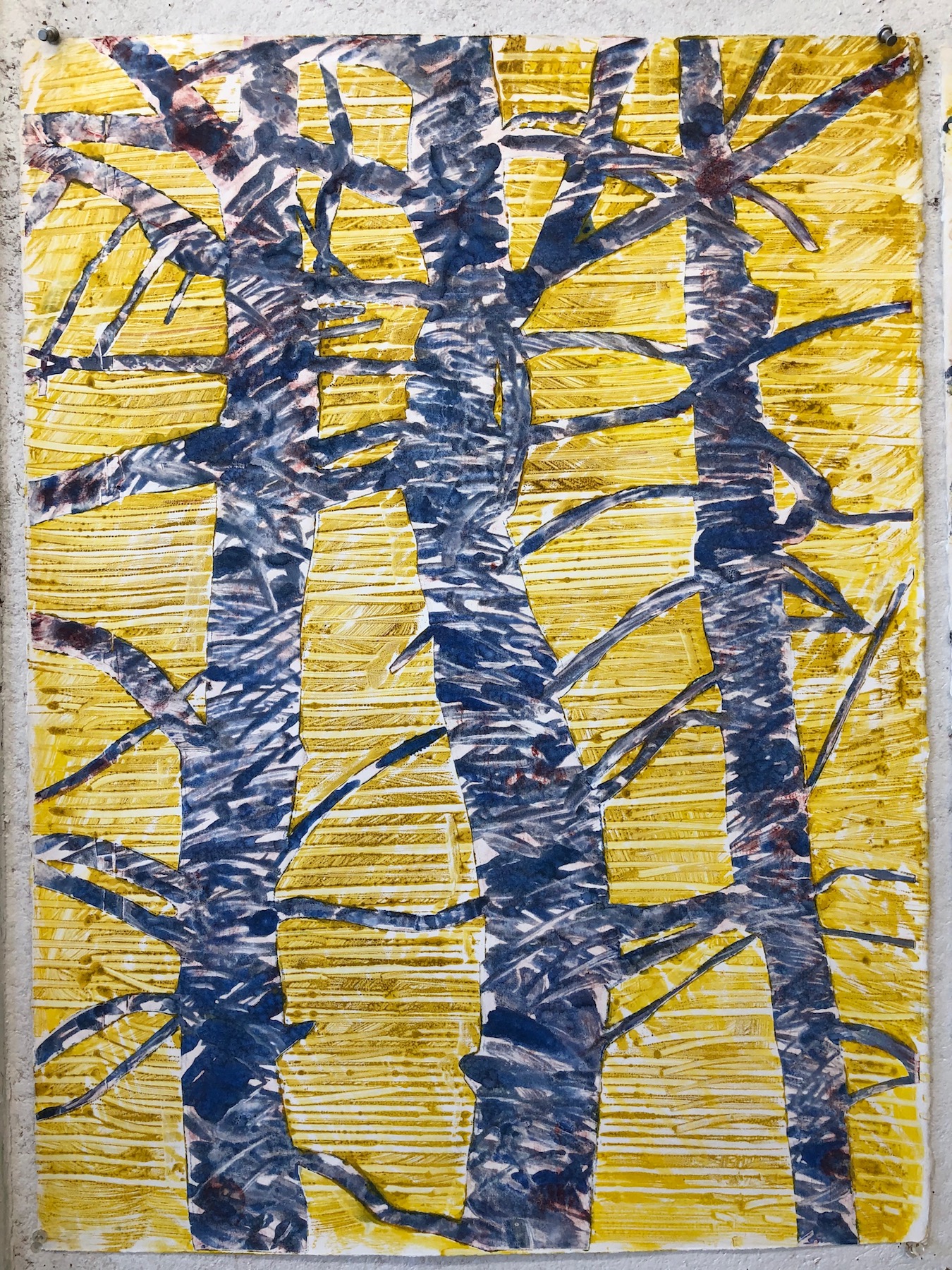 Covid Tree 6b. 2020. encaustic monoprint. 30" X 20"
