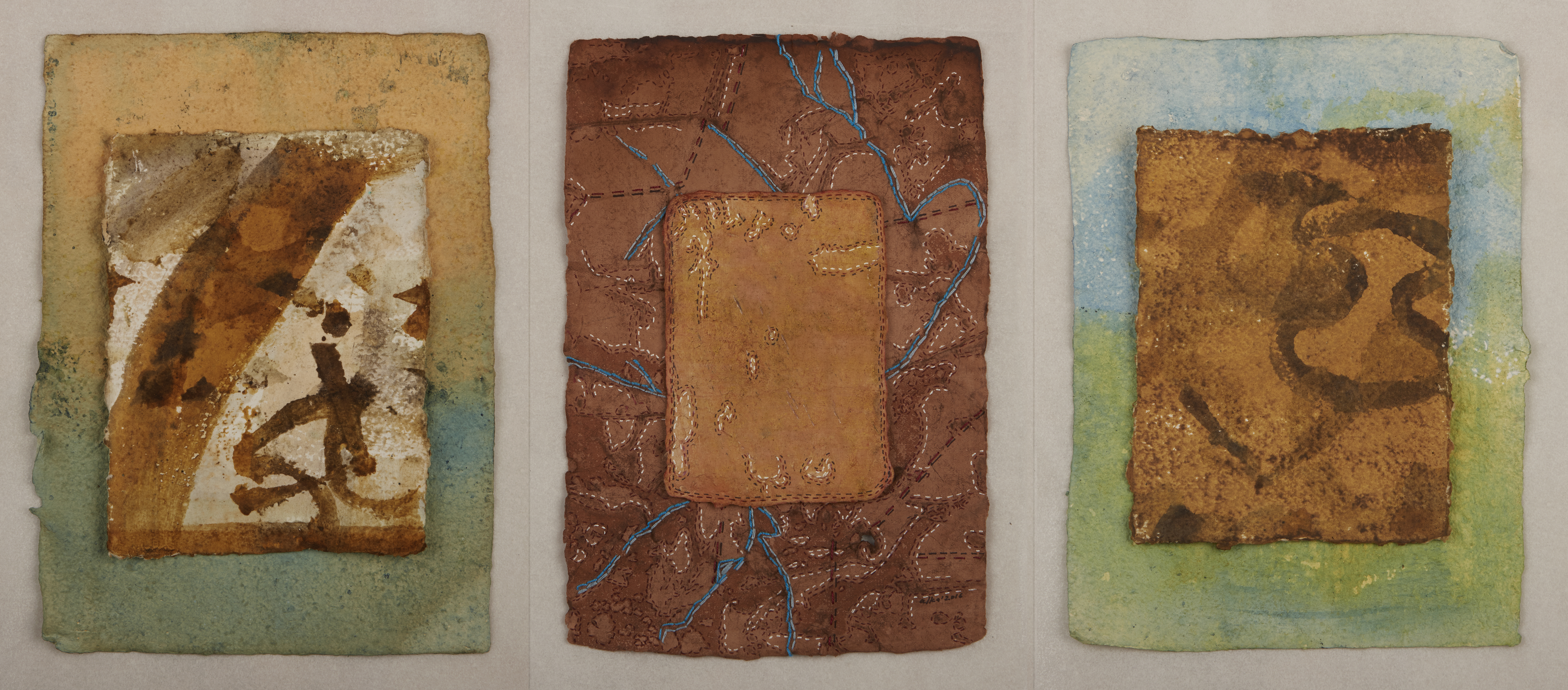 Landscape I, II, III, Natural dye, minerals, pen and ink on handmade paper, 30 X 21 cms