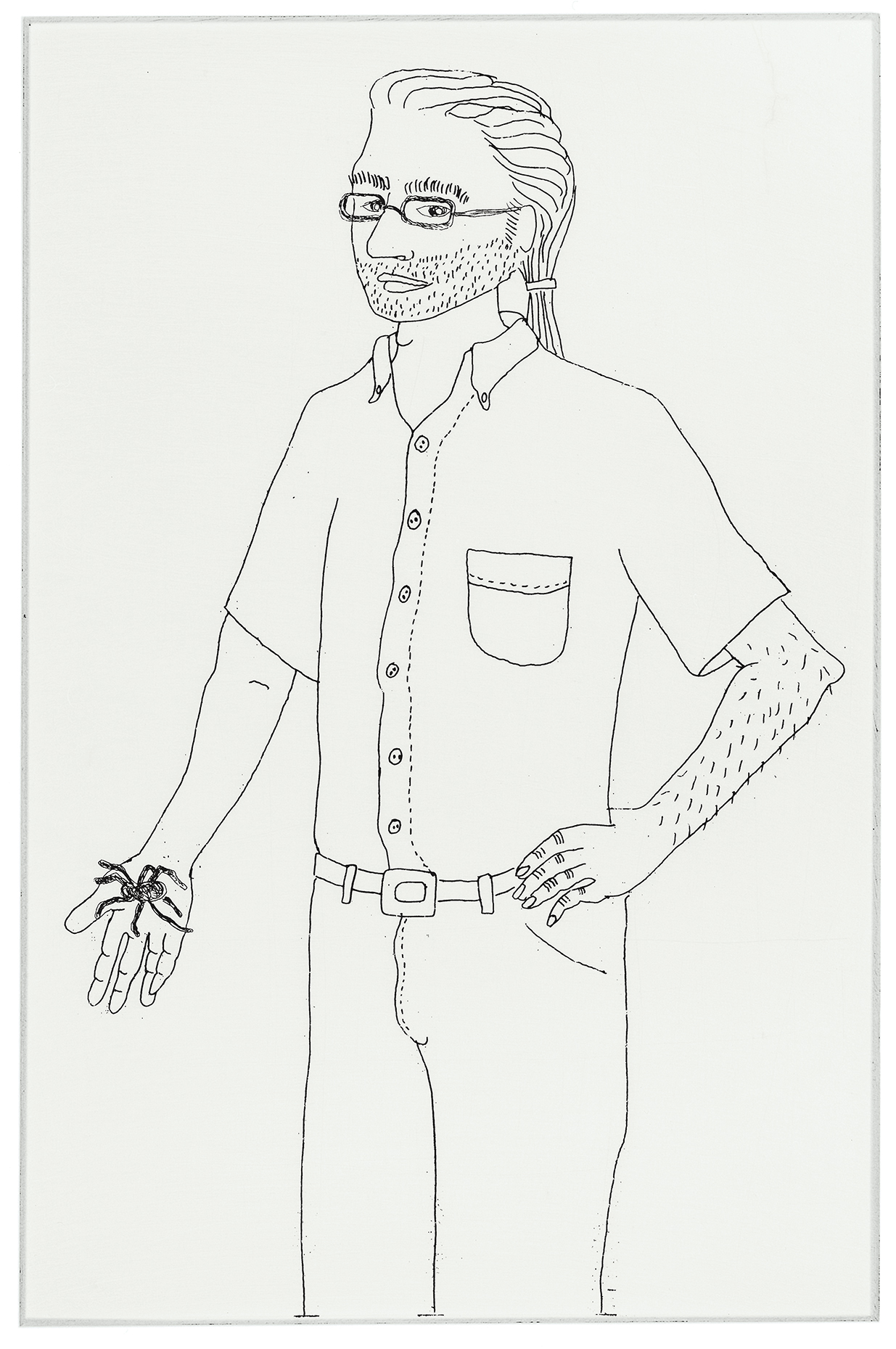 Teenage Roommate Showing Me His Pet Tarantula, 2003. Etching; 6 &times; 4 inches