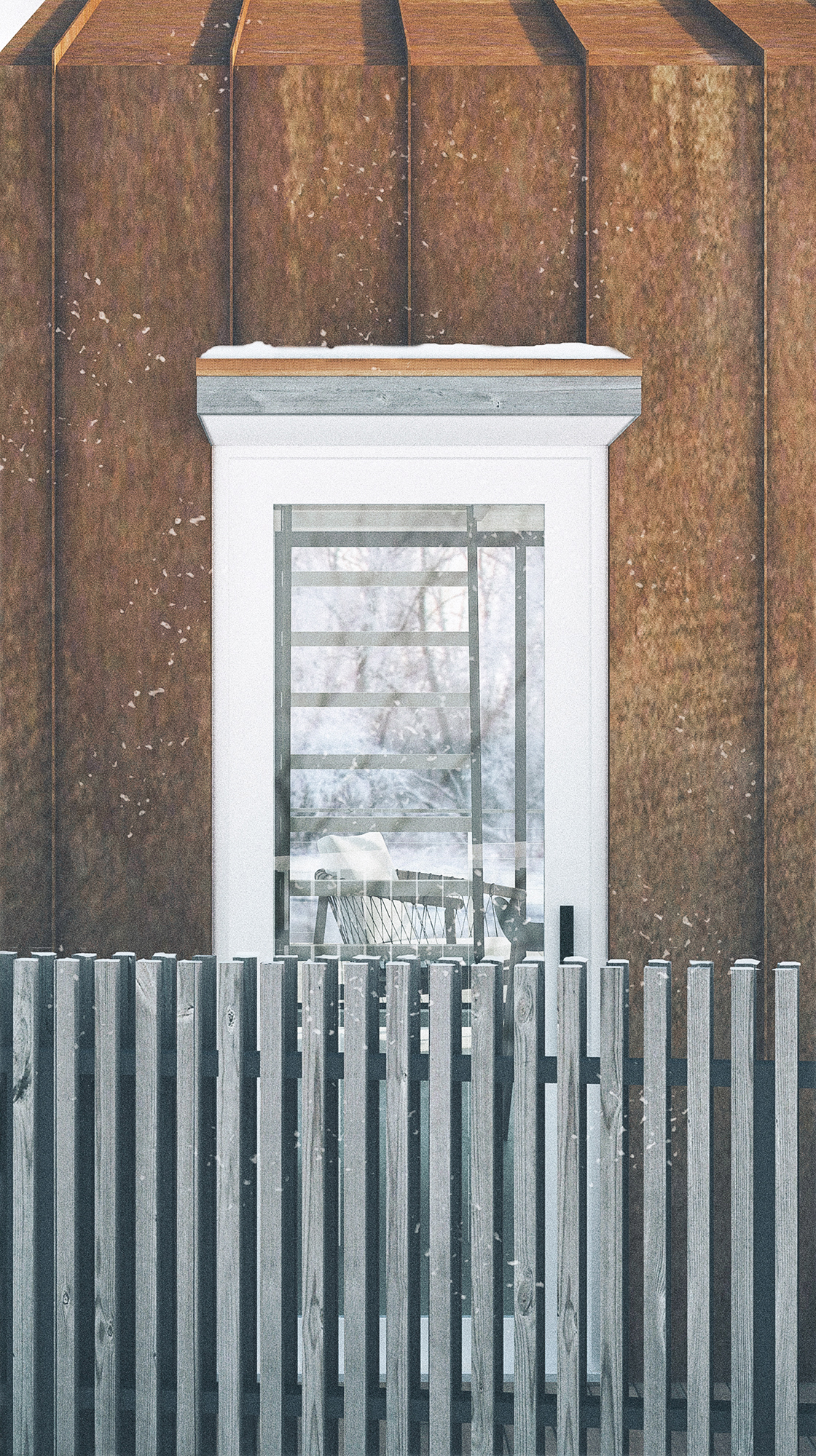 Architectural render close-up of the River Retreat cabin facade, showing the vertical seams of the Corten steel siding, a white glass door, and the weathered wood deck railing in the foreground.