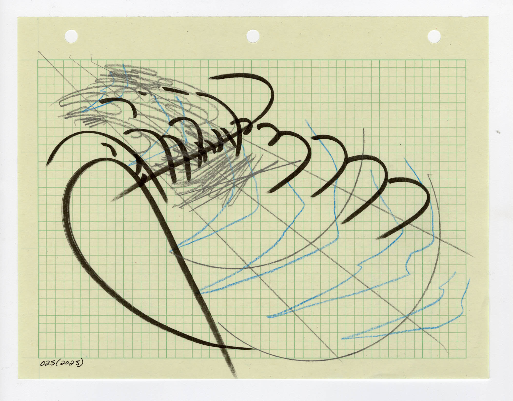 025. 2025. Graphite, colored pencil, and marker on graph paper. 11" by 8.5"