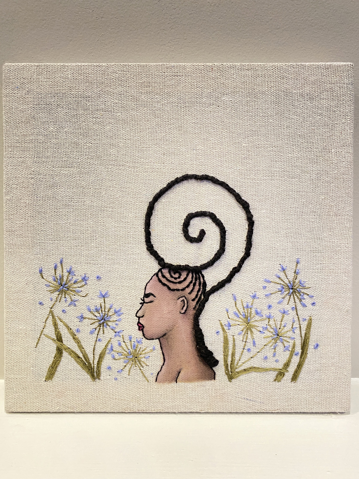 Threaded through the Roots, Oil and embroidery on linen, 2020, 9x9 inches (6)