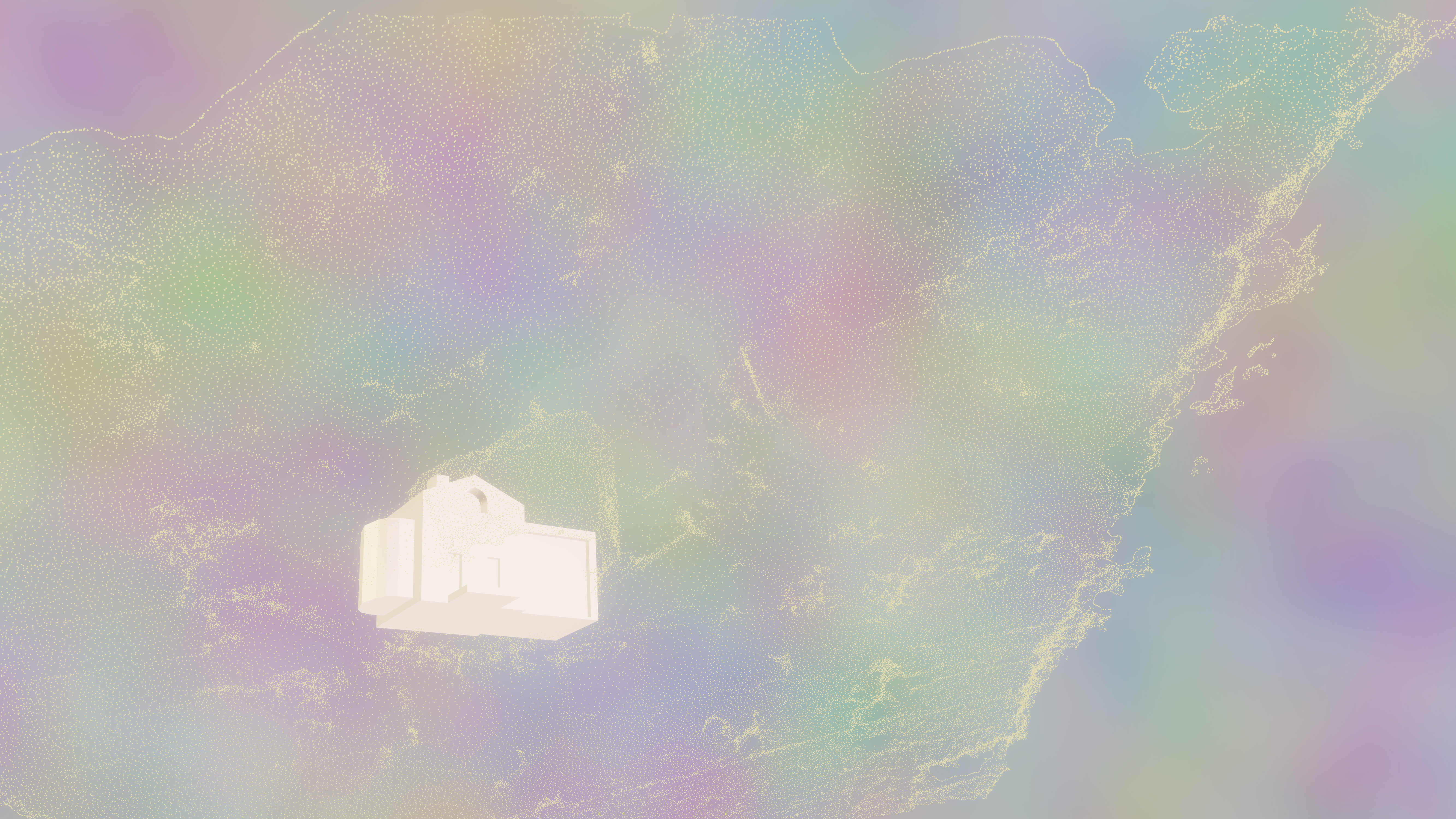 White filtered image with small the purple and pink iridescent dotted background with a white house.