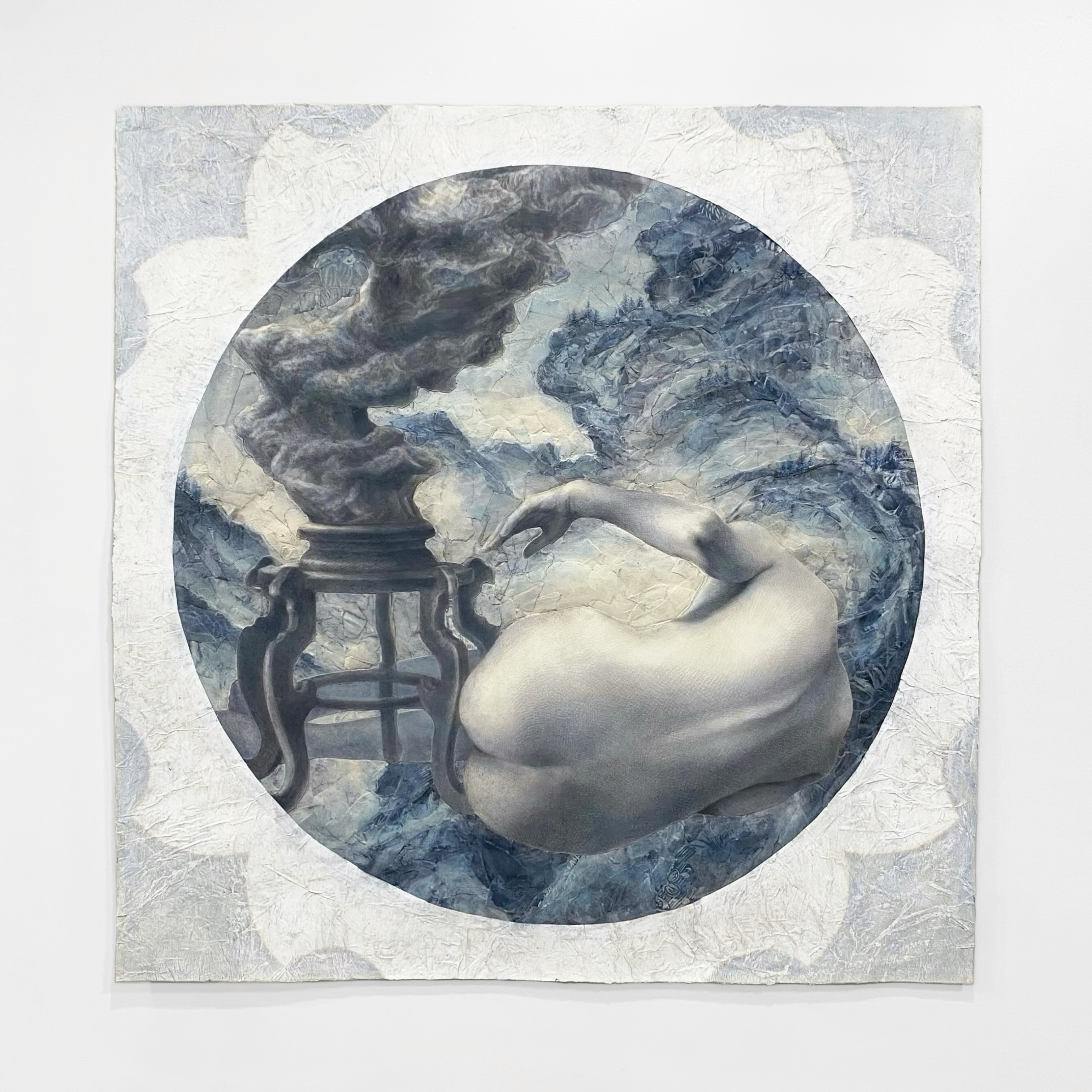 a space between silence, 2025, 35" x 34.5", mixed media and collage on paper