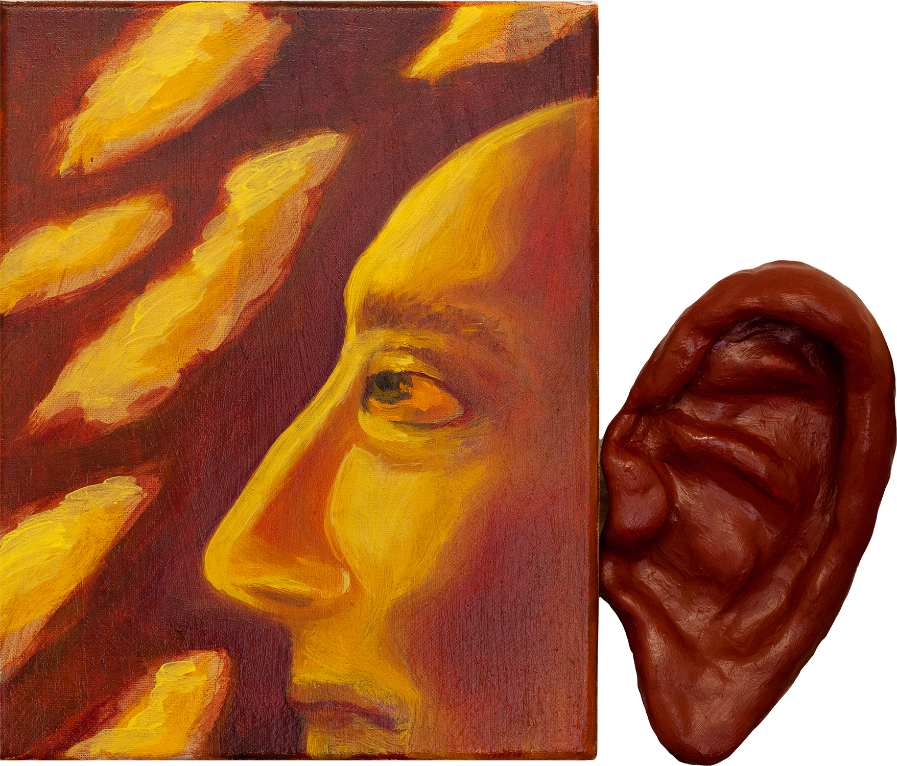 What was that?, 2022, Oil on canvas and clay sculpture, 30 x 25 cm (11 4/5 × 9 4/5 in)