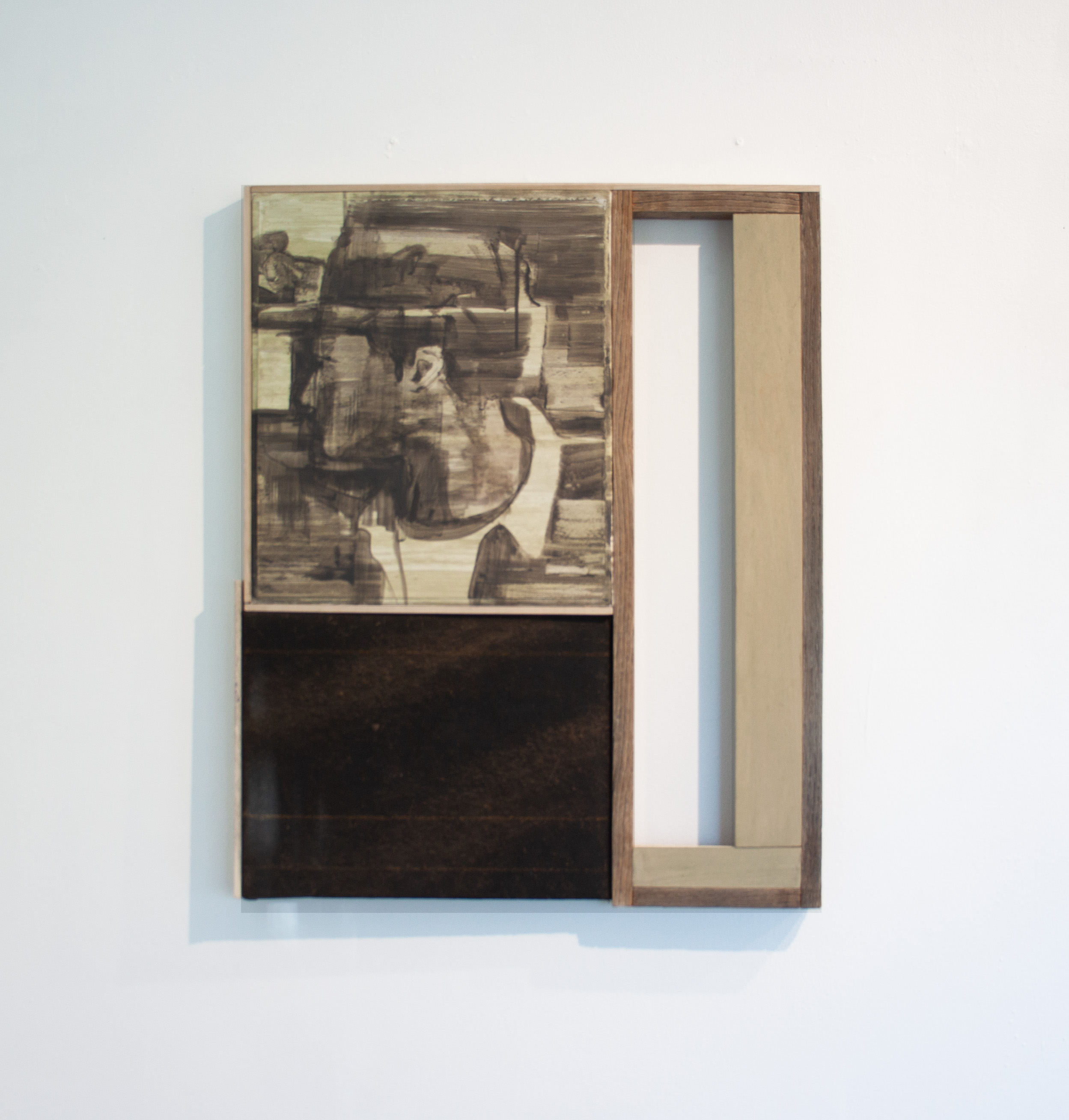 What's in the Attic,  acrylic on canvas and wood, combine with tar paper, 18” x 26”, 2025