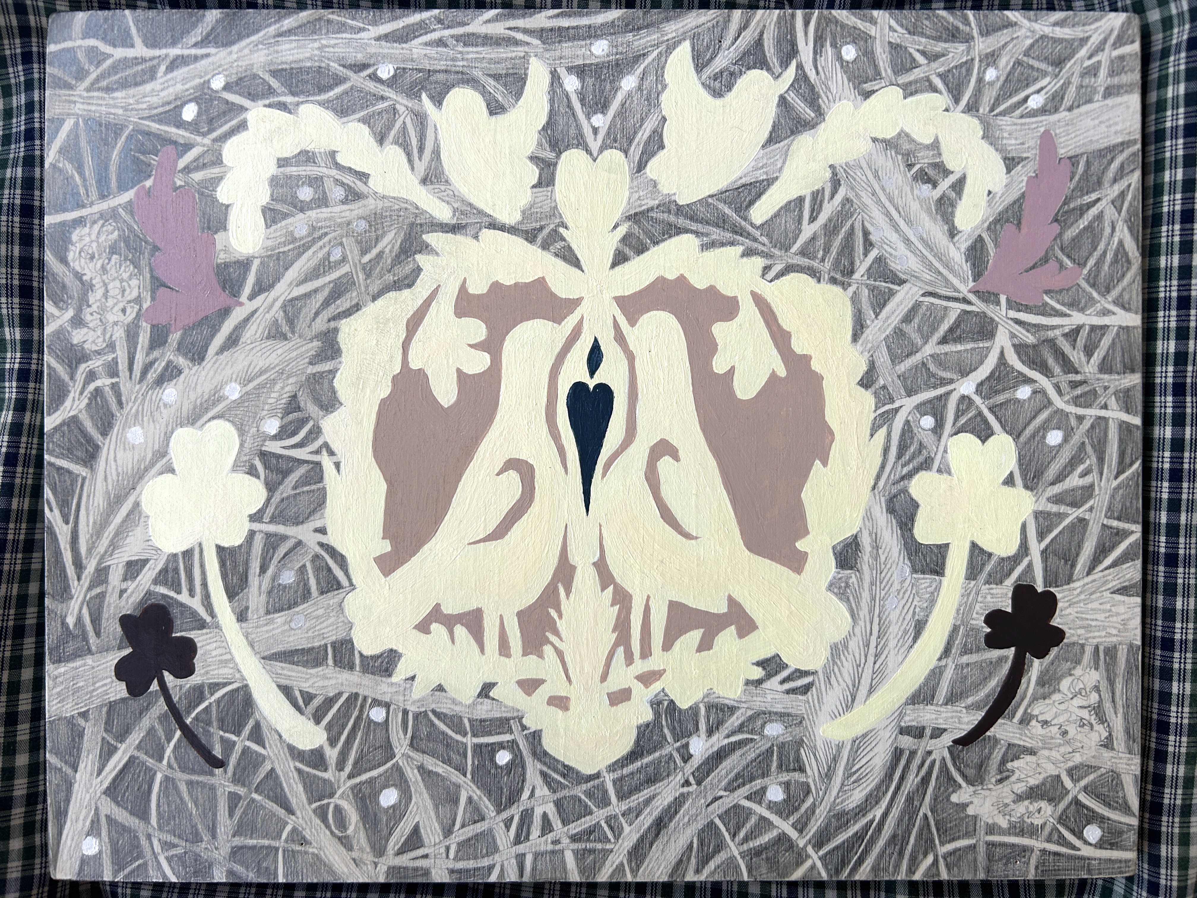 "Songbirds say Bird Shit Good Luck" acrylic and graphite on wood panel, 10"x8". February 2025. (Center design by Charlie Kanner).