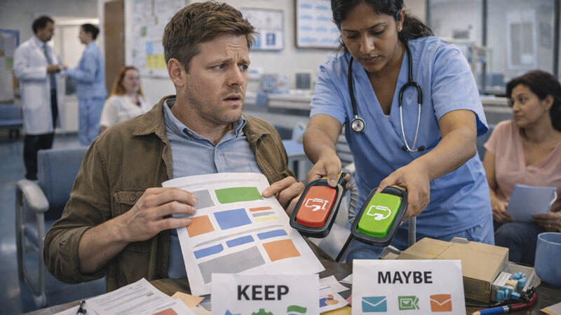 Nurse performs CPR on a “landing page” printout (abstract layout blocks). Defibrillator paddles are shaped like CTA buttons
