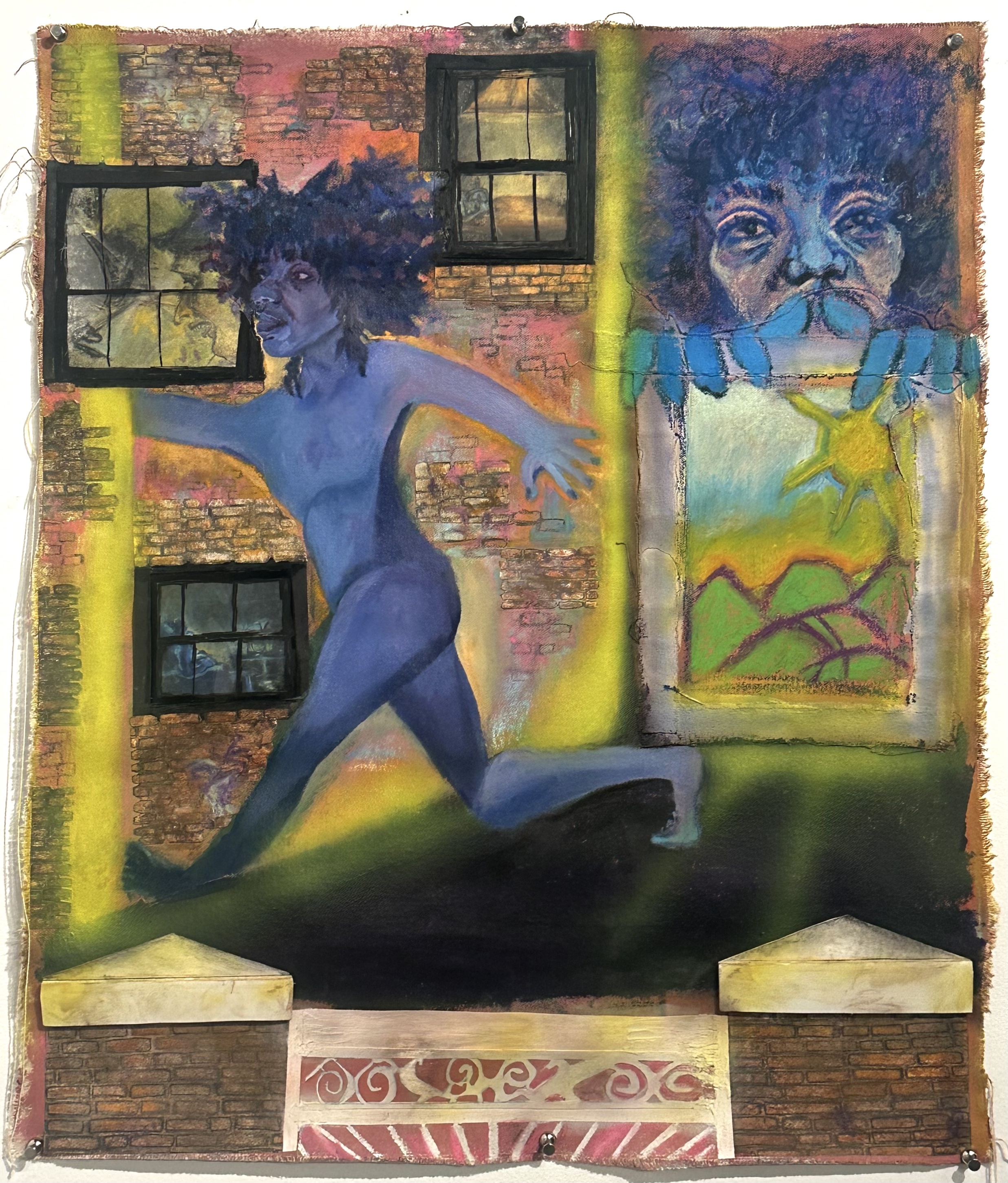 Rear Window, Brick by Brick 25 x 30 oil pastel, oil paint, airbrush, loose unstretched canvas pieces, paper, foam core, mylar on canvas 2025