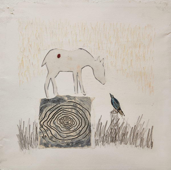Paardje met vogel Werk op papier 30 x 30 cm  Gebruikte technieken: collage, oost indische inkt, potlood.